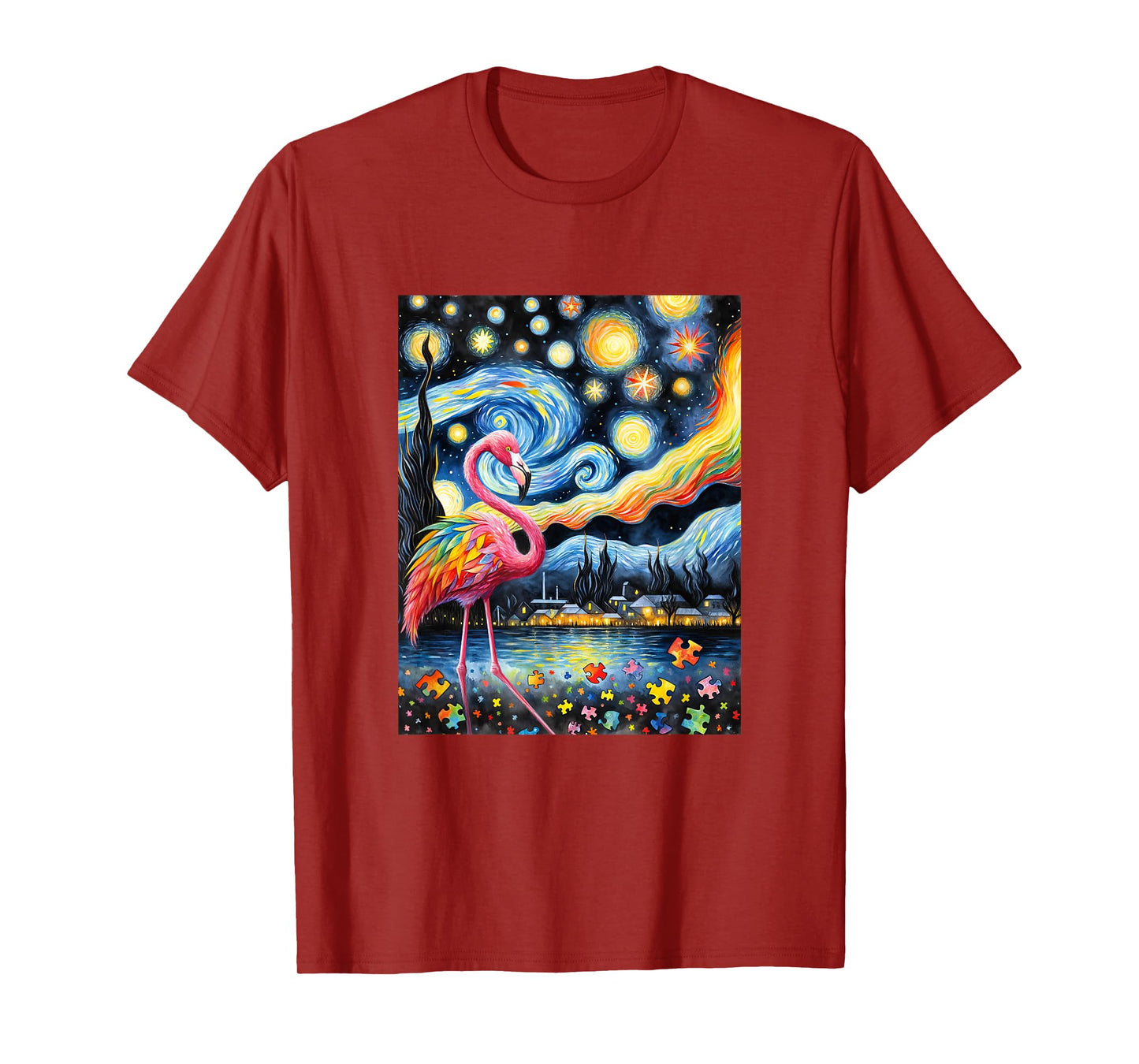 Flamingo Autism Awareness Starry Night Van Gogh T-Shirt