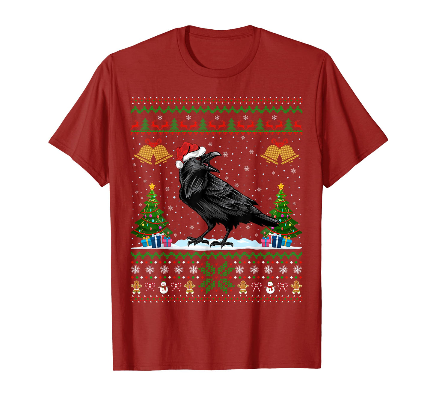Santa Hat Raven Bird Xmas Lighting Ugly Raven Christmas T-Shirt