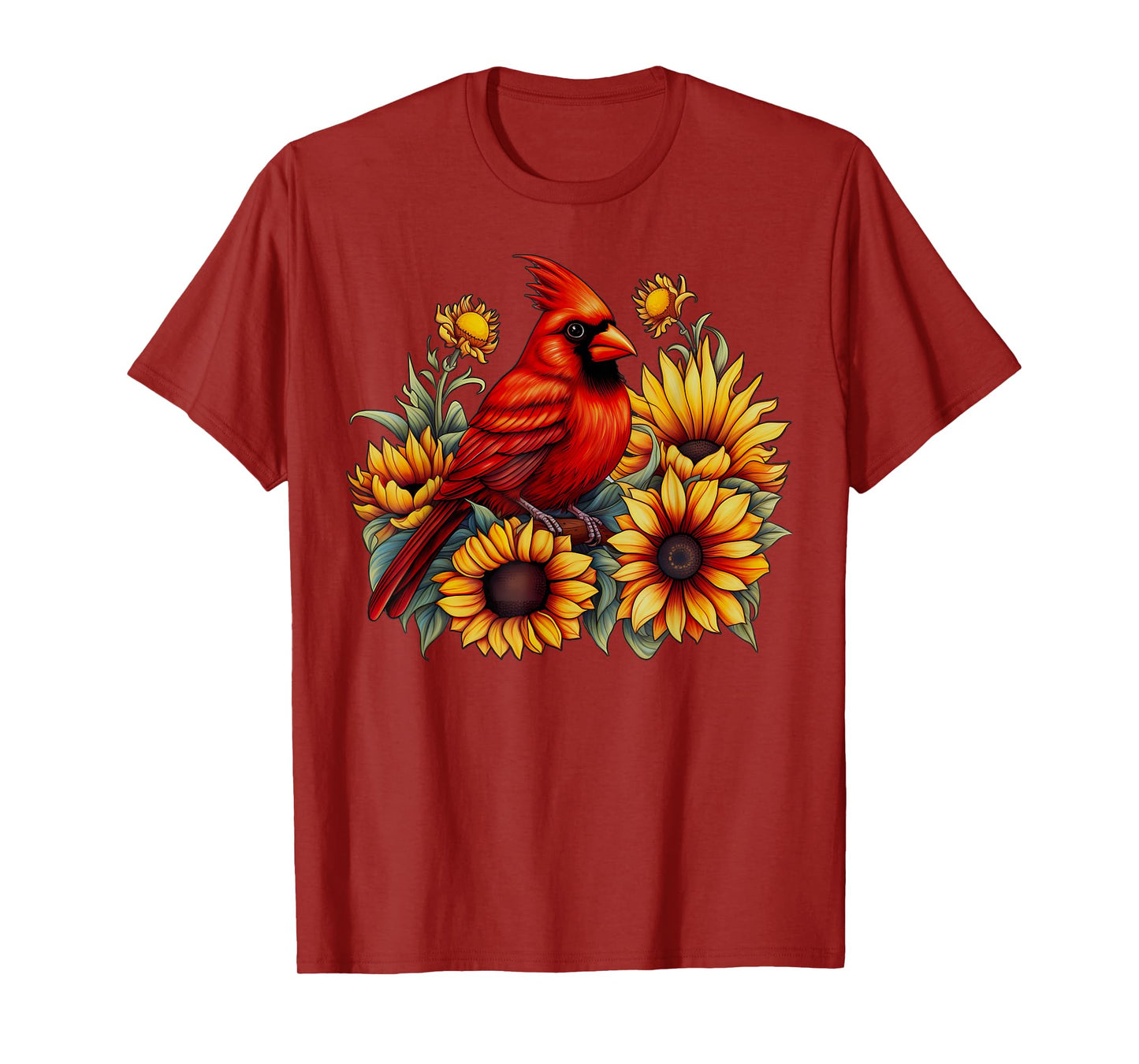 Red Cardinal Bird Sunflower Floral Nature Bird Watching T-Shirt