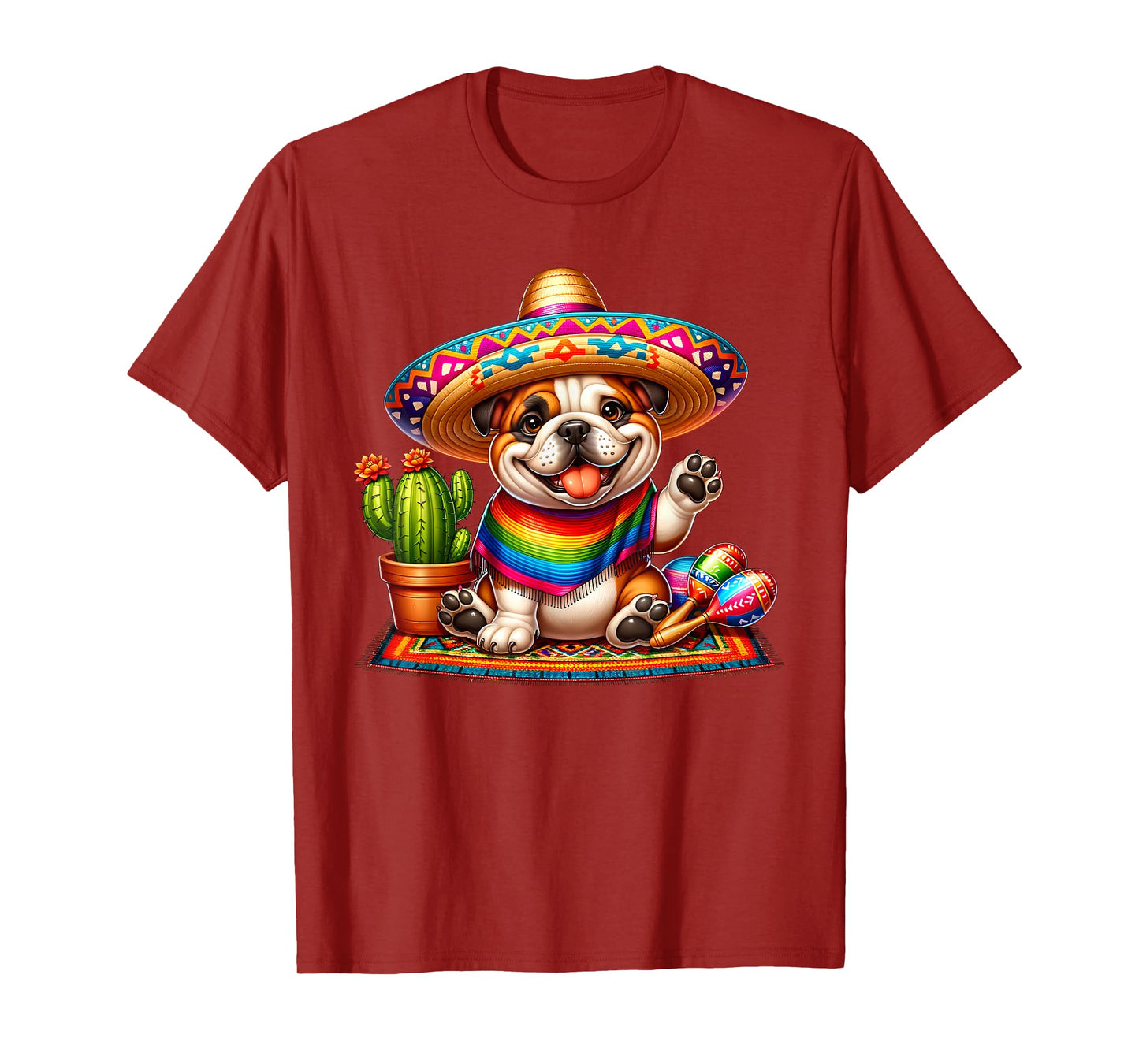 Funny Cute Bulldog Saying Hi Cinco De Mayo Sombrero Maracas T-Shirt for Men Women Kids