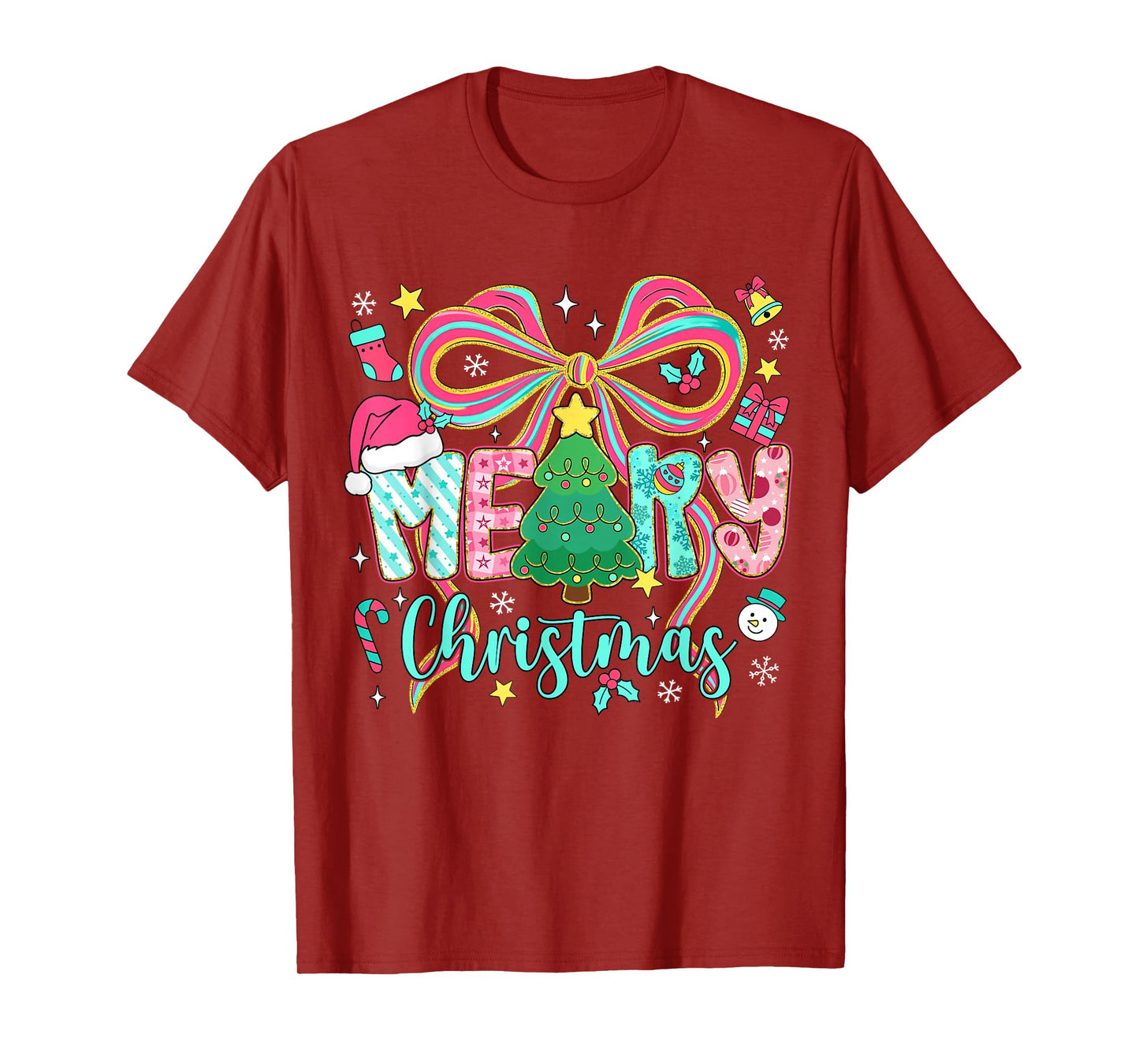 Preppy Merry Christmas Coquette Bow Pink Christmas Tree Girl T-Shirt