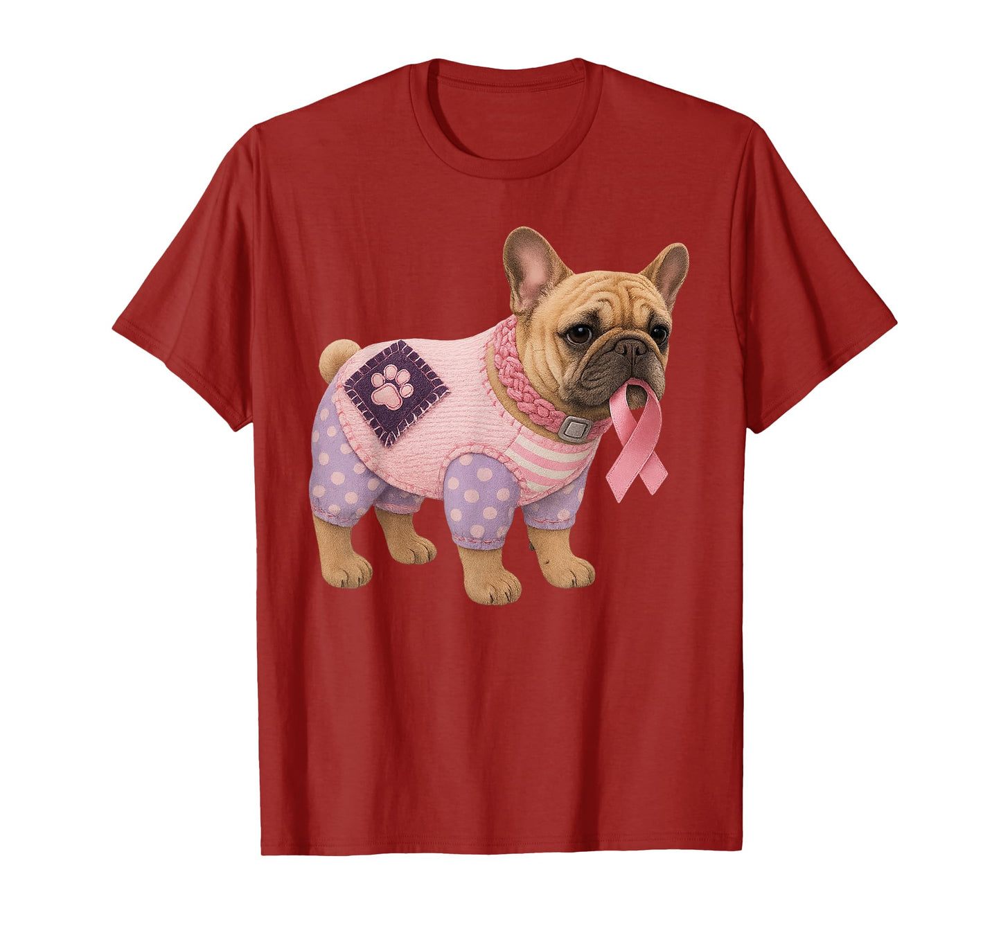 French Bulldog Pink Ribbon Breast Cancer Pattern Felt Art T-Shirt
