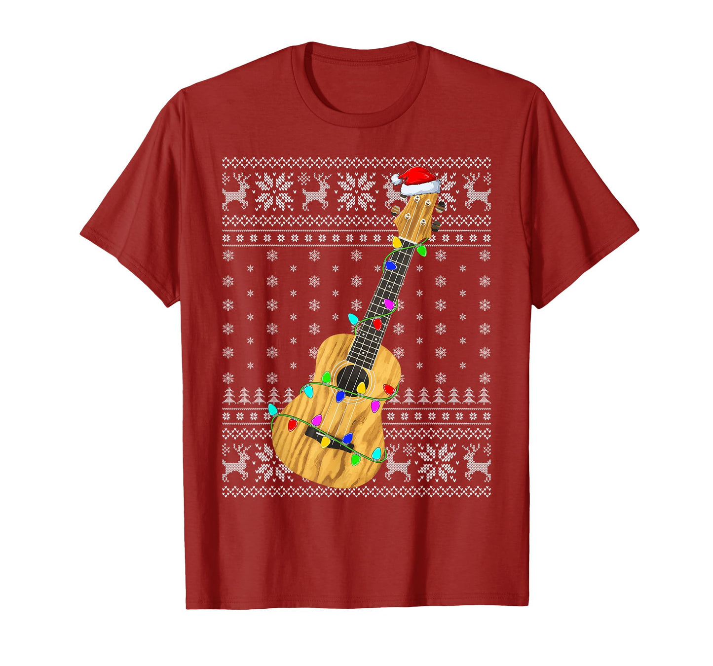 Ugly Sweater Xmas Lights Santa Hat Musical Ukulele Christmas T-Shirt