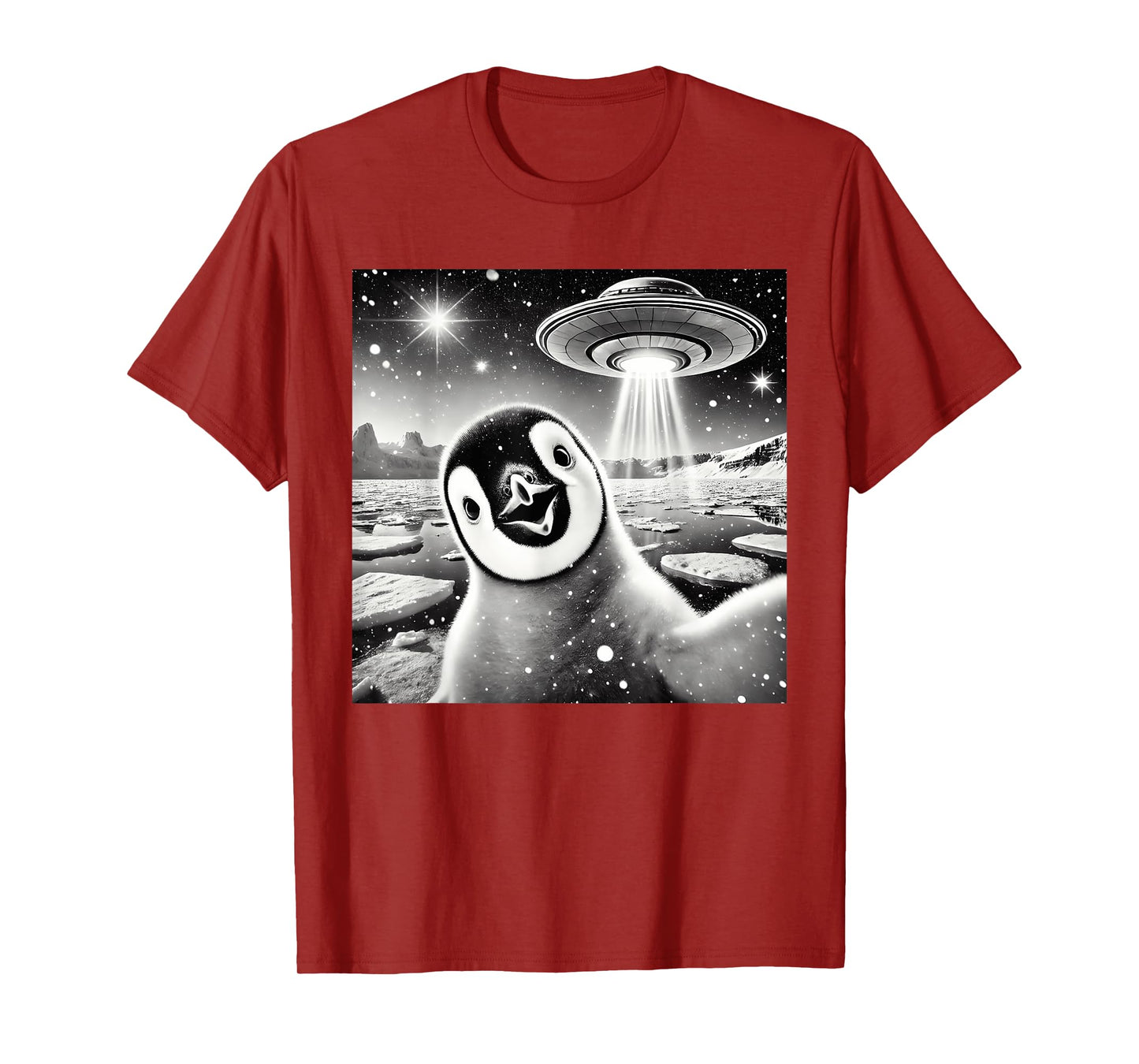 Funny Penguin Selfie UFO Graphic T-Shirt