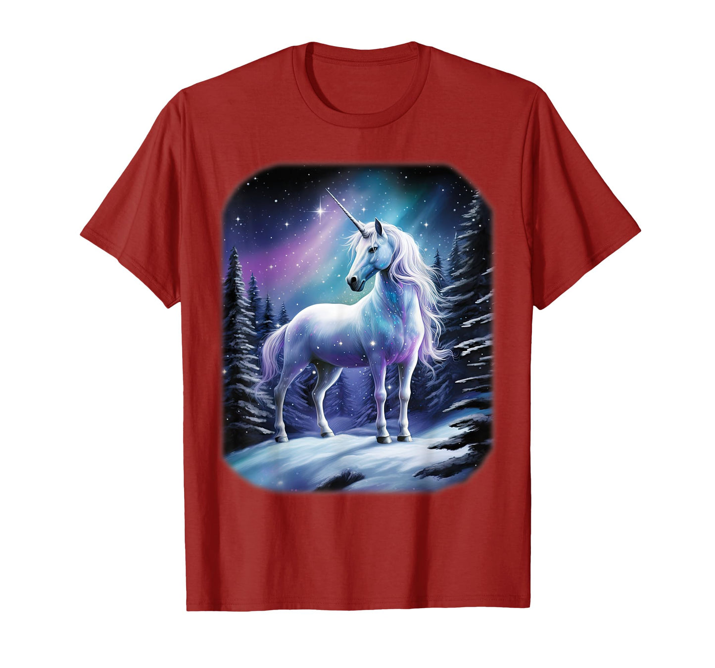 Fantasy white Unicorn standing in the snowy forest T-Shirt