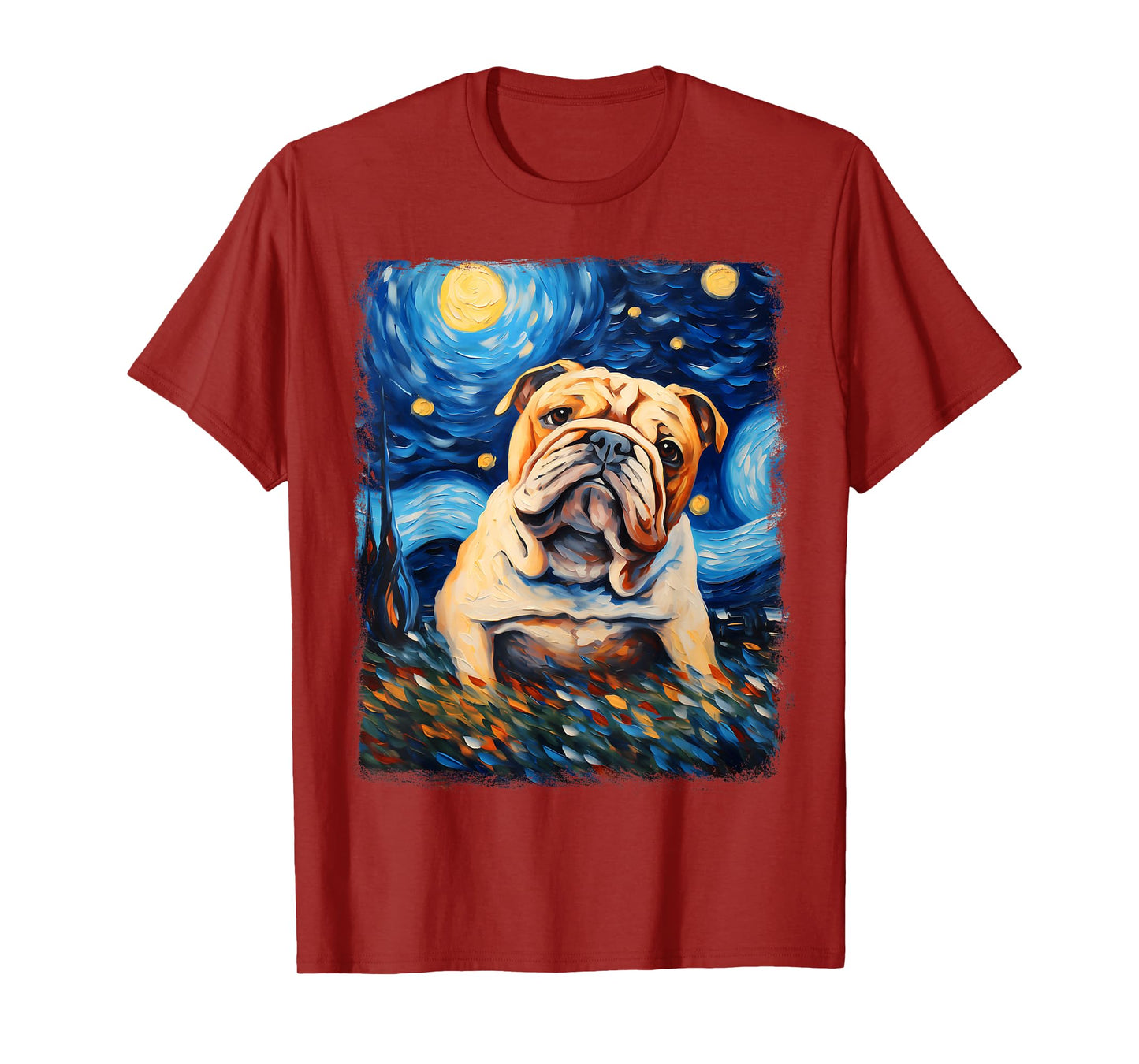 Bulldog Dog Starry Night Painting T-Shirt