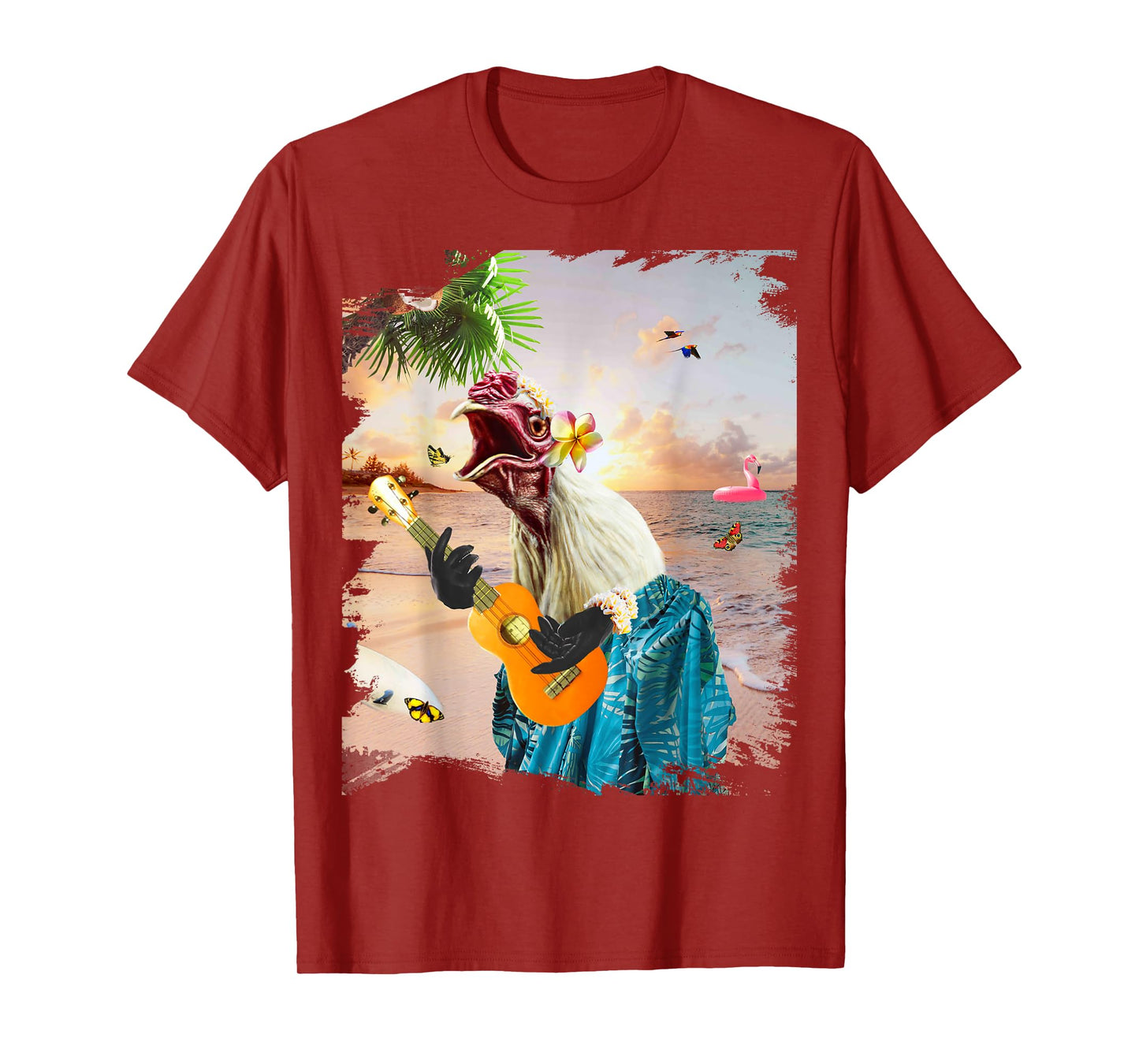 Aloha Hawaiian Chicken Playing Ukulele Beach Funny T-Shirt
