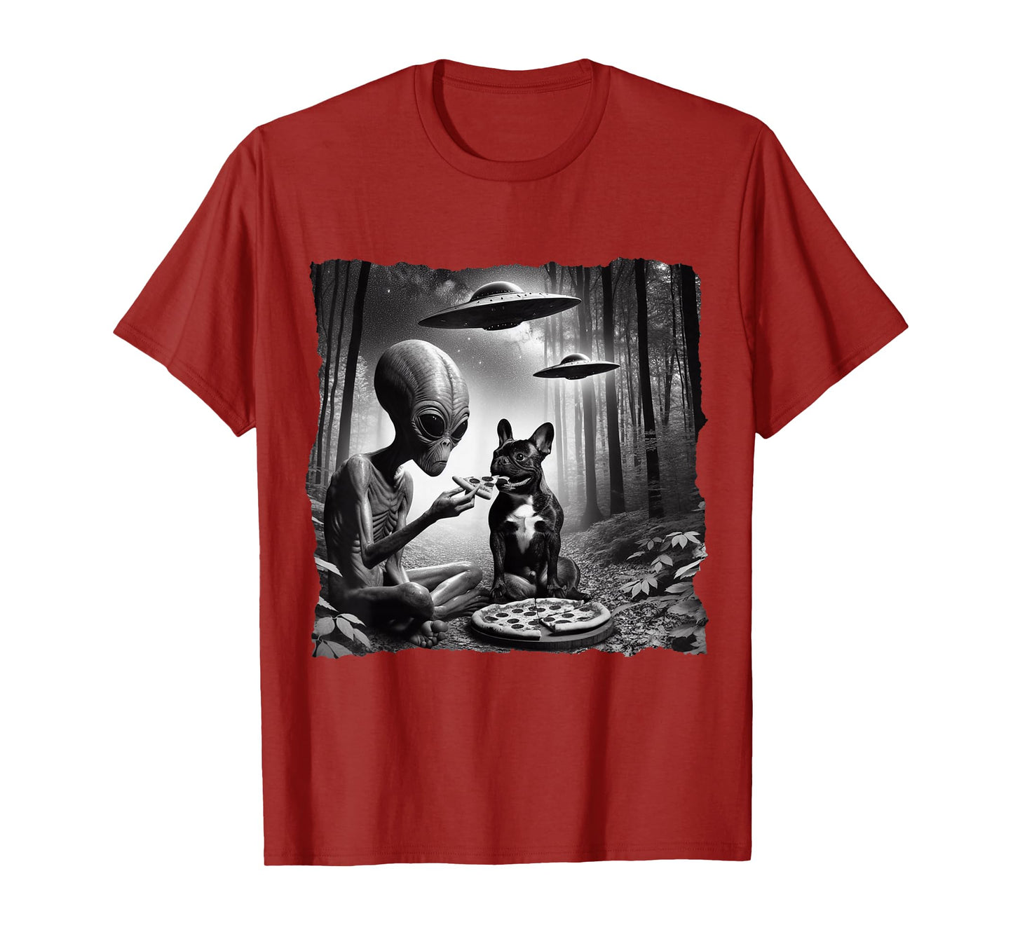 French Bulldog With Alien Eating Pizza. UFO French Bulldog Men Women Kids T-Shirt