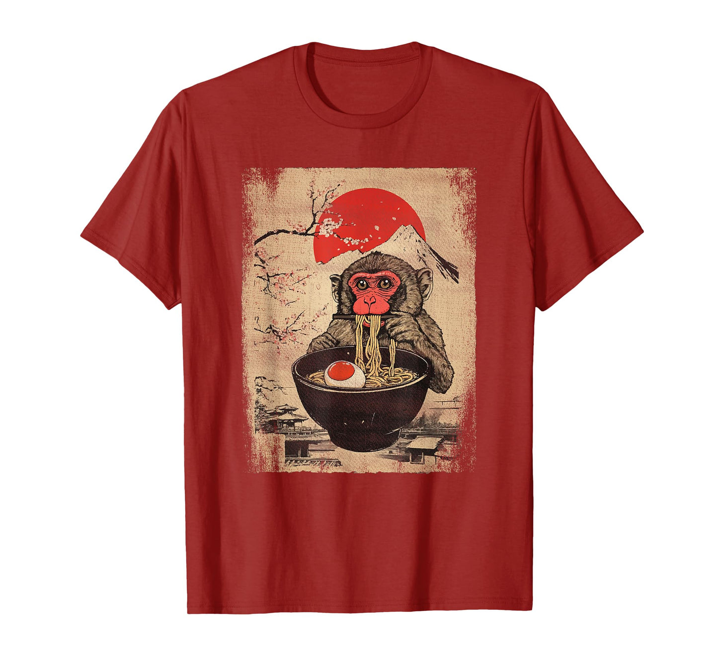 Japanese Woodblock Graphic Macaque Eating Ramen Monkey Lover T-Shirt