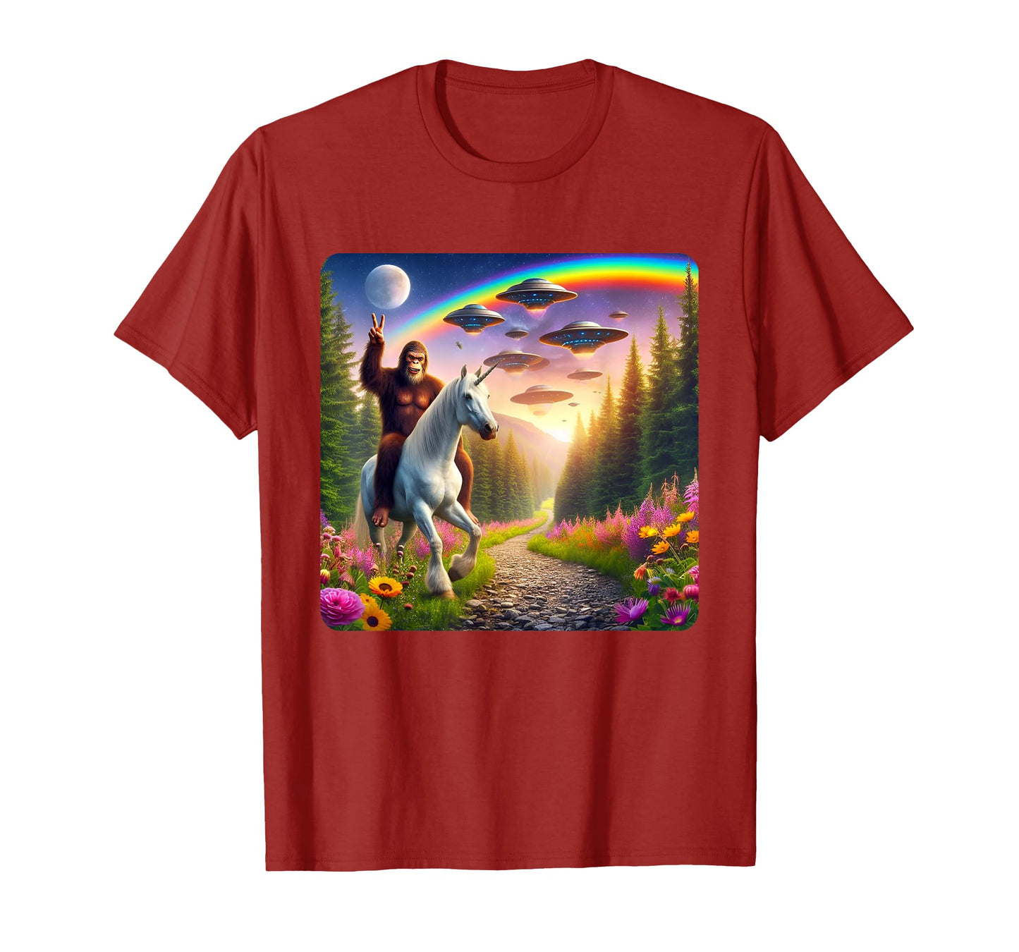Bigfoot Riding Unicorn Funny Bigfoot Unicorn Selfie UFO T-Shirt