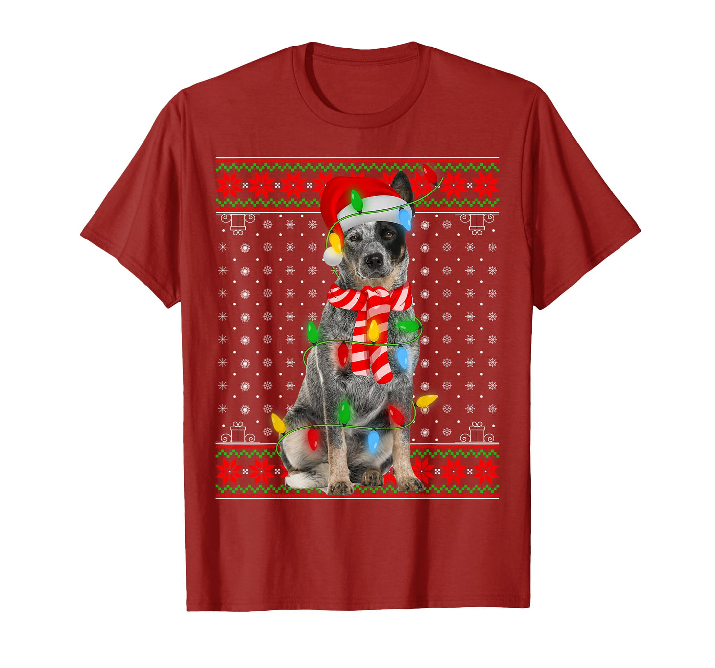 Ugly Xmas Dog Lights Santa Hat Blue Heeler Dog Christmas Men Women Girls Kids T-Shirt