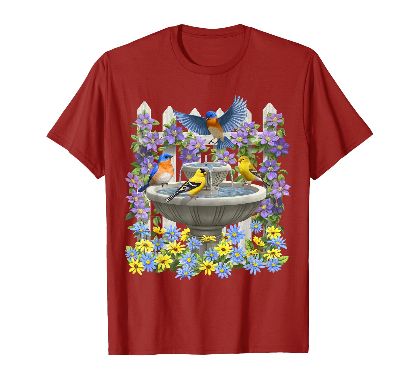 Bluebirds Goldfinches & Bird Bath Flower Garden T-Shirt