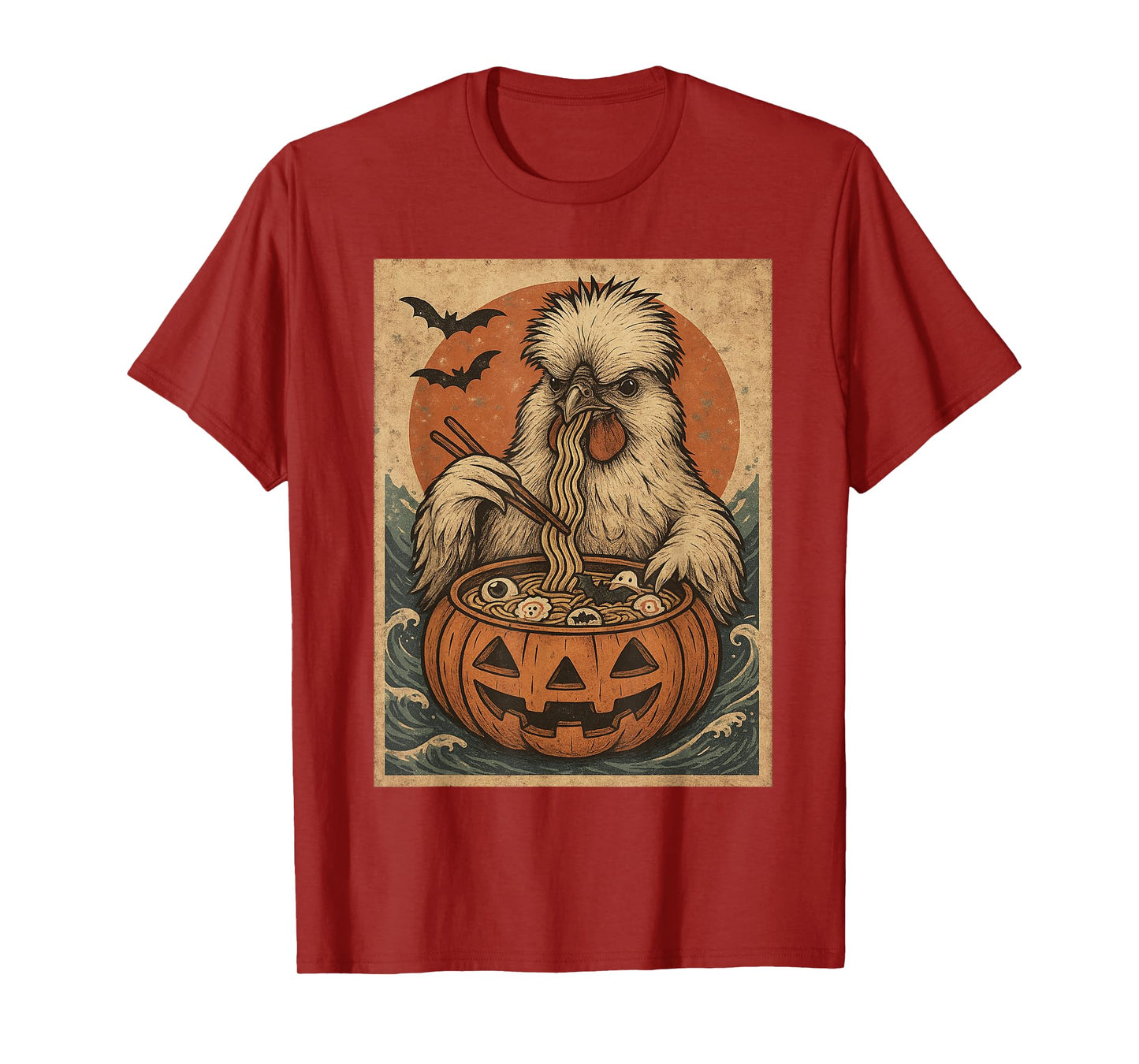 Funny Spooky Silkie Chicken Pumpkin Japanese Ramen Noodles T-Shirt