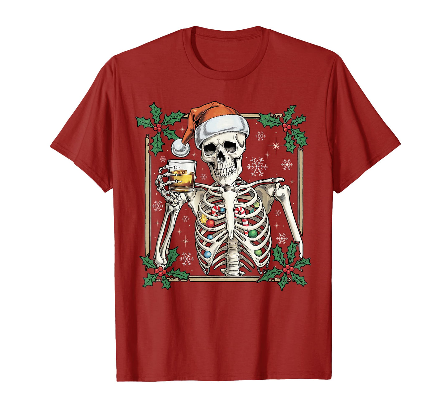 Funny Skeleton Santa Hat Drinking Bourbon Whiskey Christmas T-Shirt