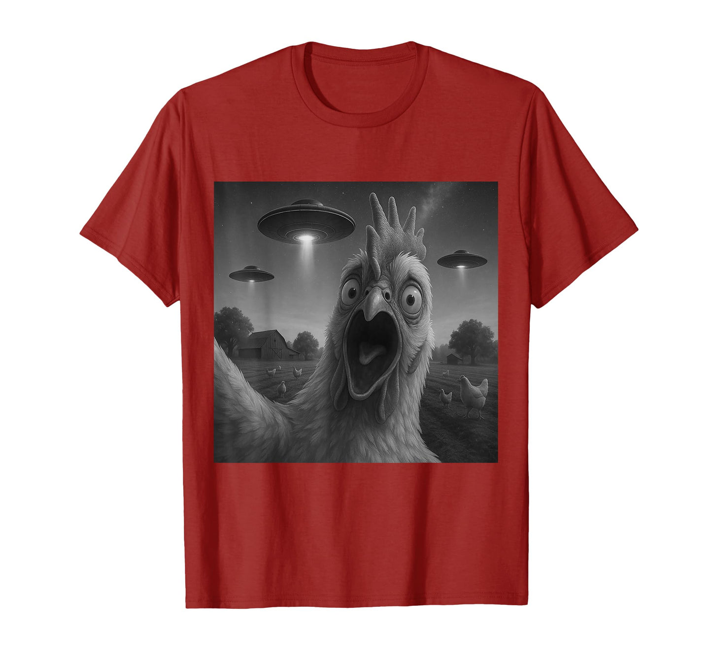 Chicken Rooster Funny Selfie Chicken with UFOs Weird Aliens T-Shirt