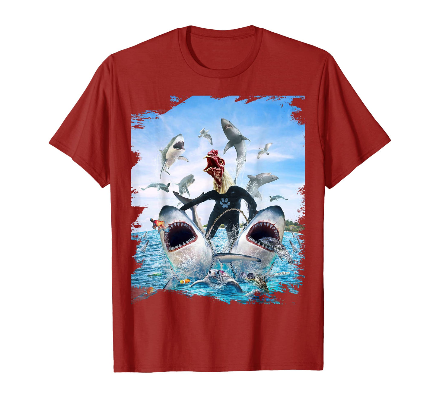 Chicken Riding Shark Sharks At Beach Ocean Funny T-Shirt