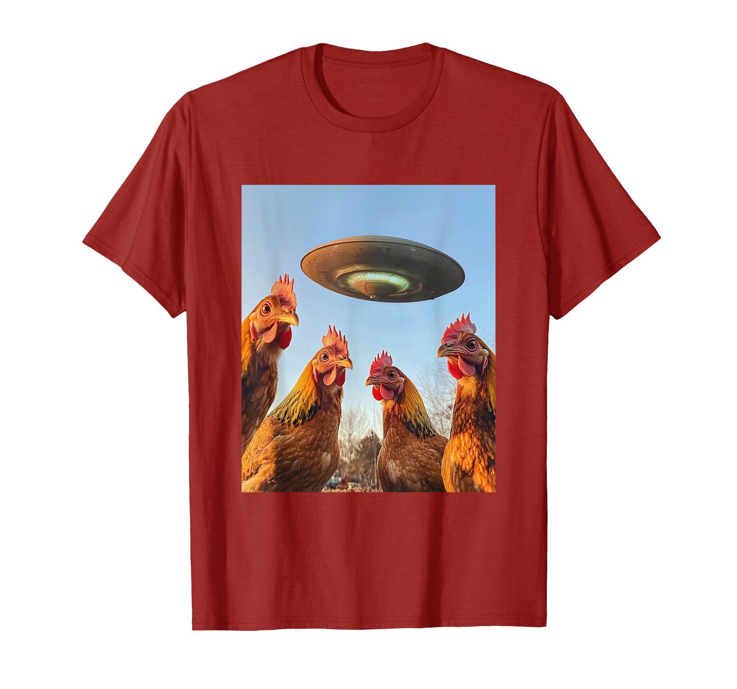 Chicken Selfie with UFOs Aliens Funny Graphic T-Shirt