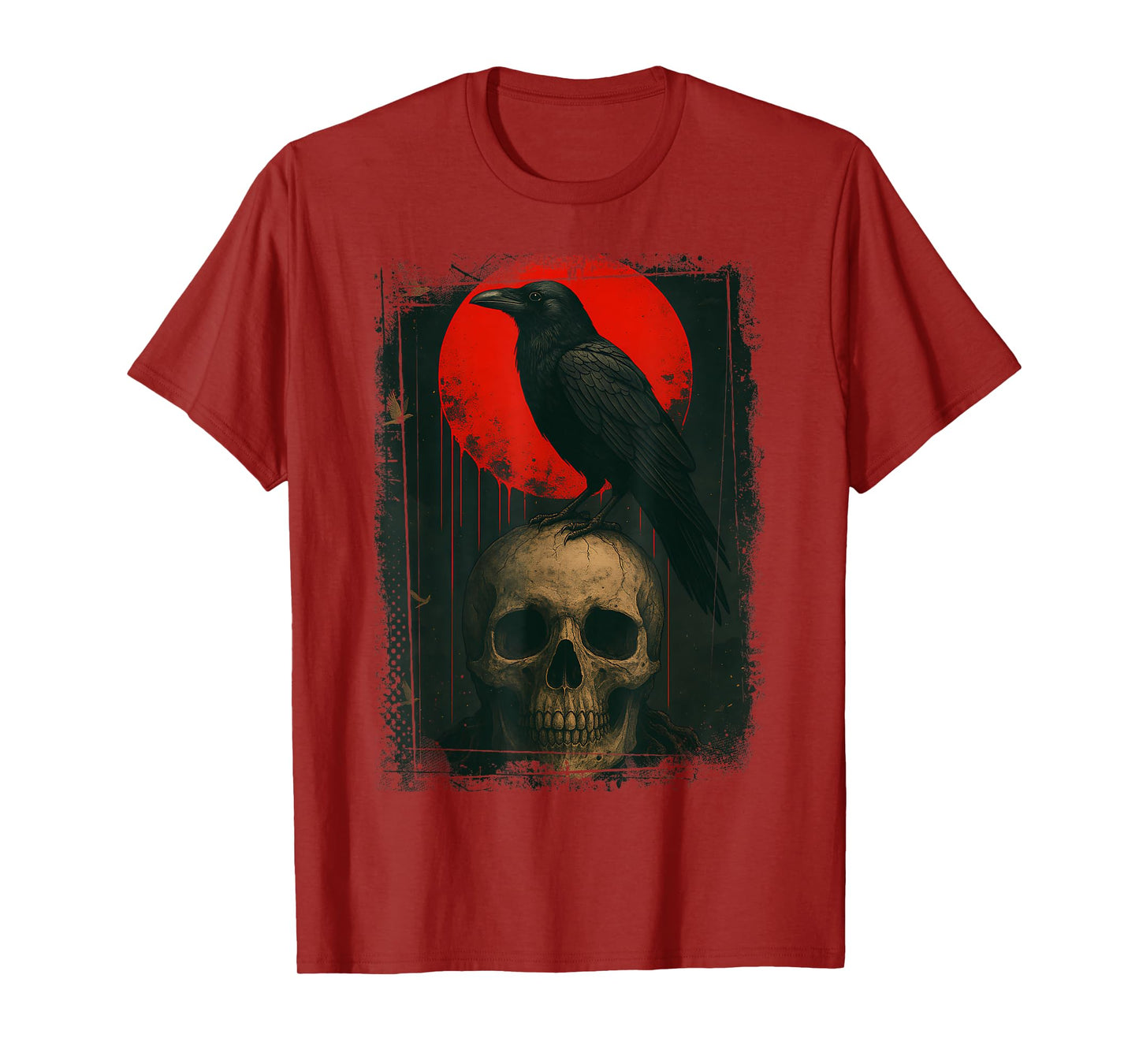 Red Moon Black Raven Skull Graphic Black Crow T-Shirt