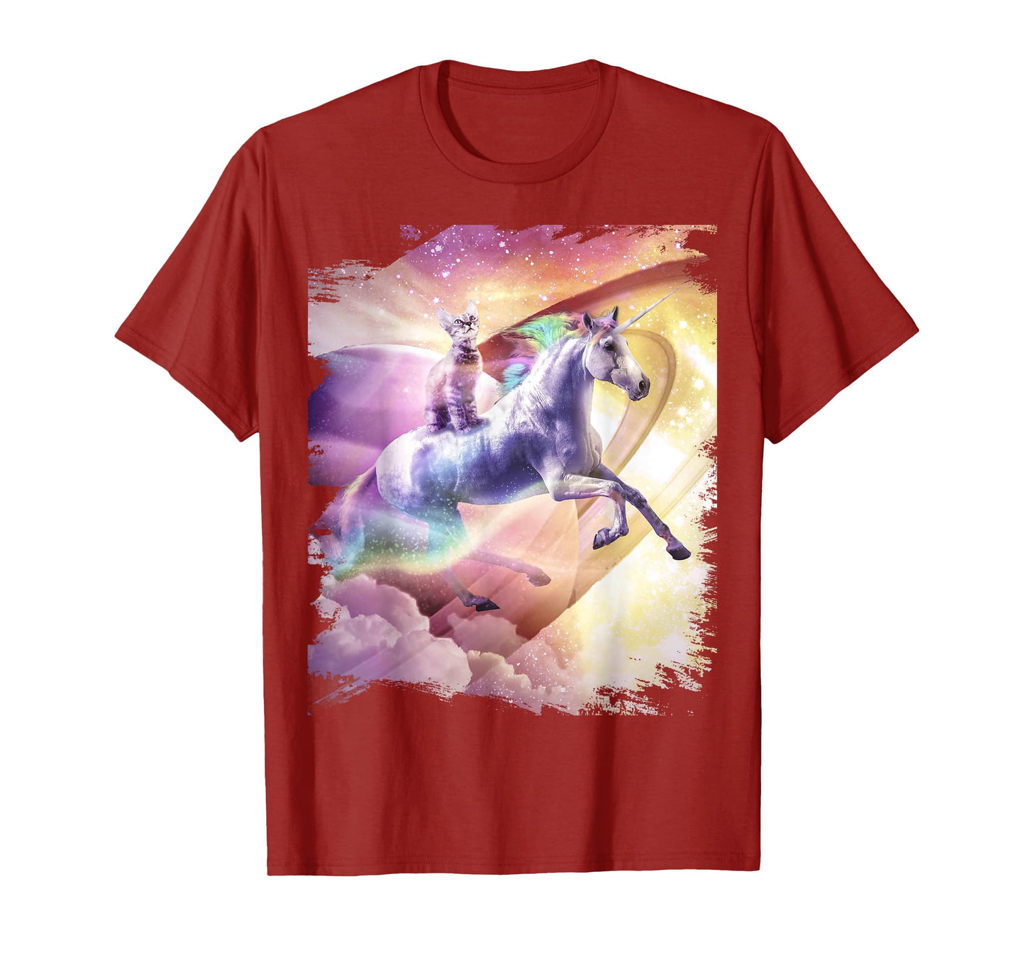 Rainbow Galaxy Cat Riding Unicorn in Space T-Shirt for Men Women Girls Kids