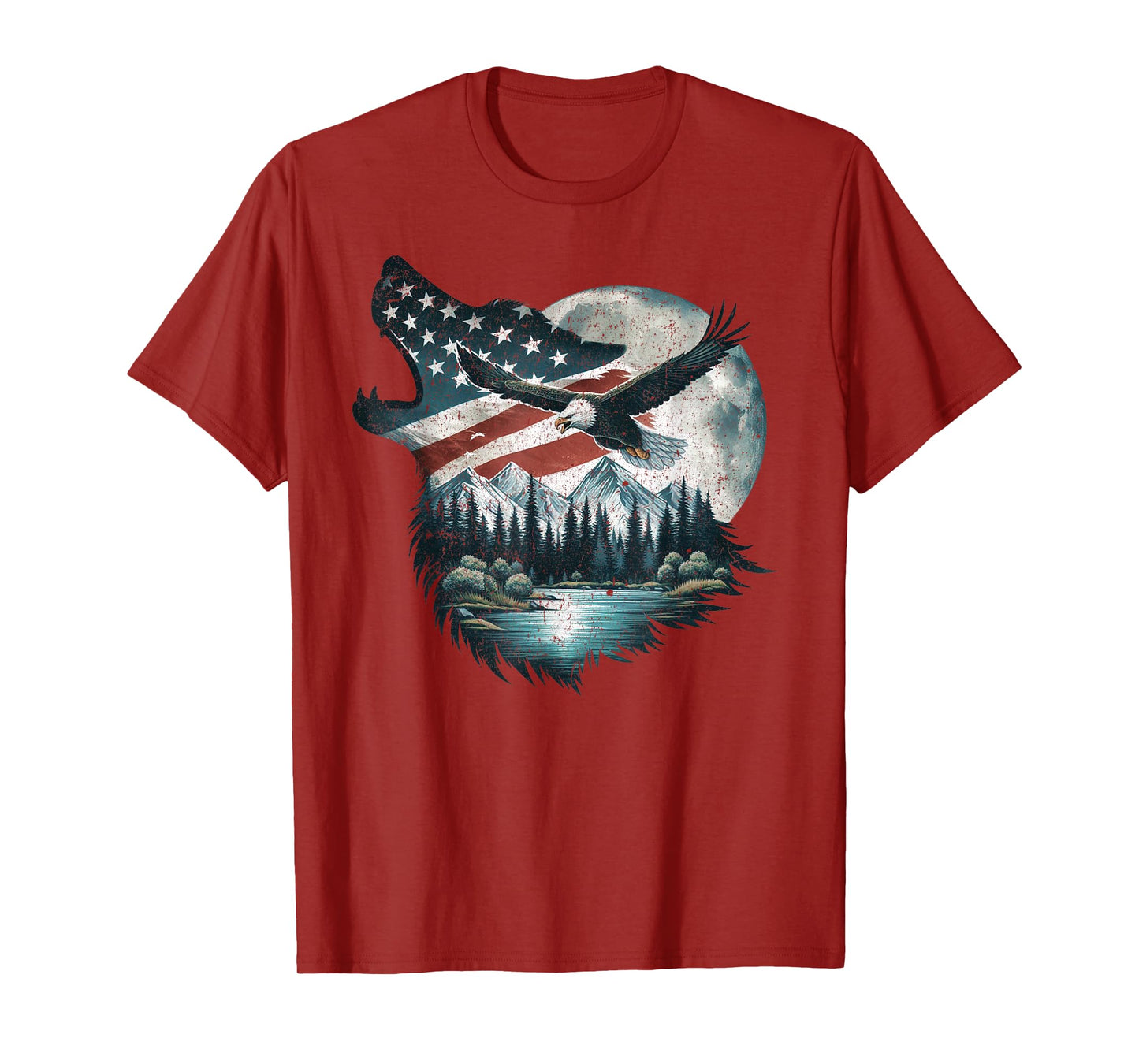 Bald Eagle Wolf US Flag 4th Of July Patriotic Man Woman T-Shirt