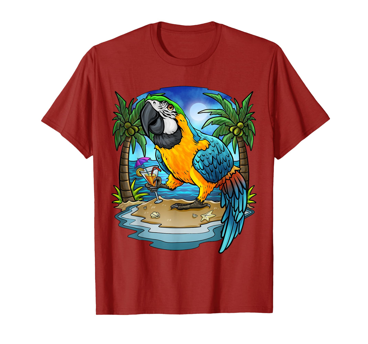 Blue and Gold Macaw Parrot Drinking Margaritas Vacation Bird T-Shirt
