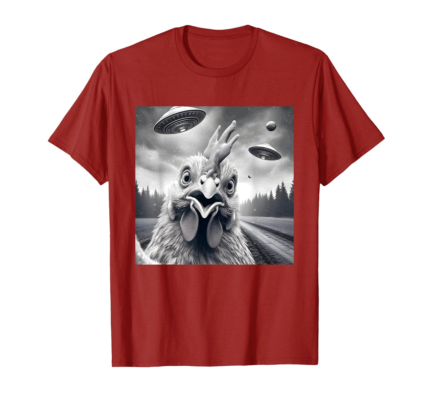 Chicken Rooster Funny Graphic Selfie with UFOs Weird Aliens T-Shirt