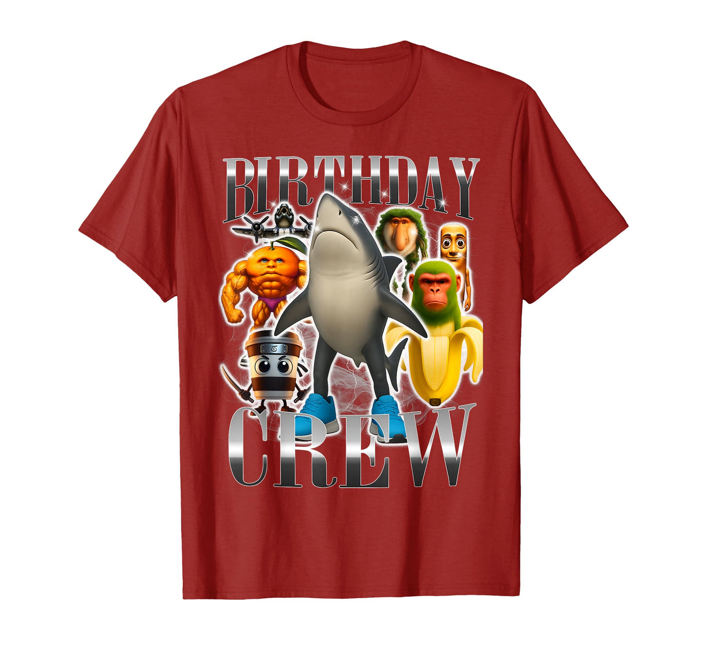 Birthday Crew Funny Italian Brainrot Meme Shark Monkey T-Shirt