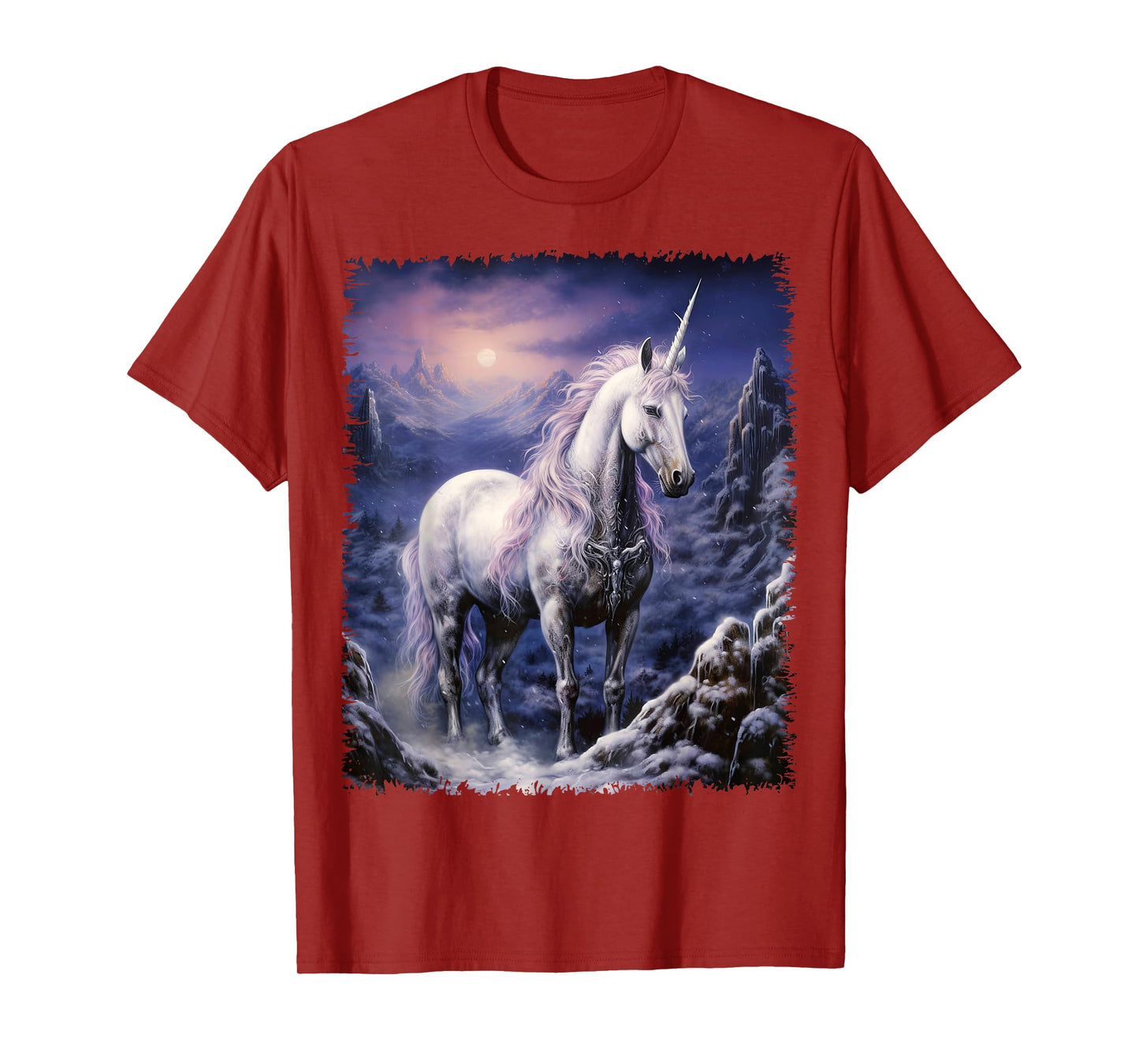 Fantasy white Unicorn standing in the snowy forest T-Shirt
