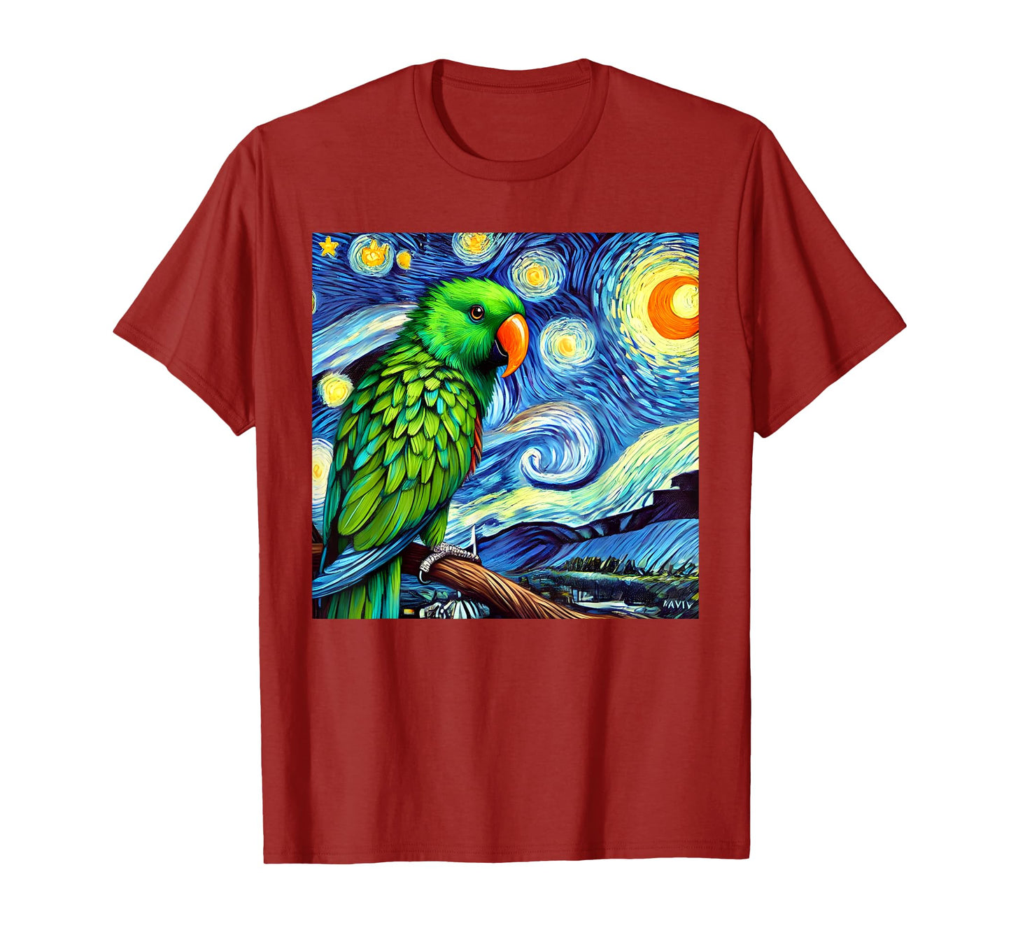 Green Eclectus Parrot Bird Starry Night Sky Art Van Gogh T-Shirt