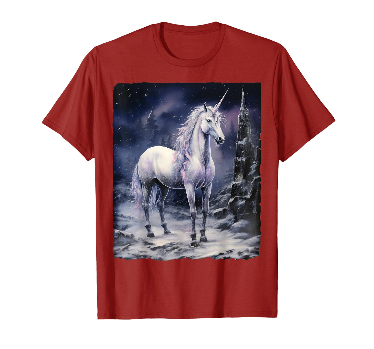 Fantasy white Unicorn standing on snowy mountain T-Shirt