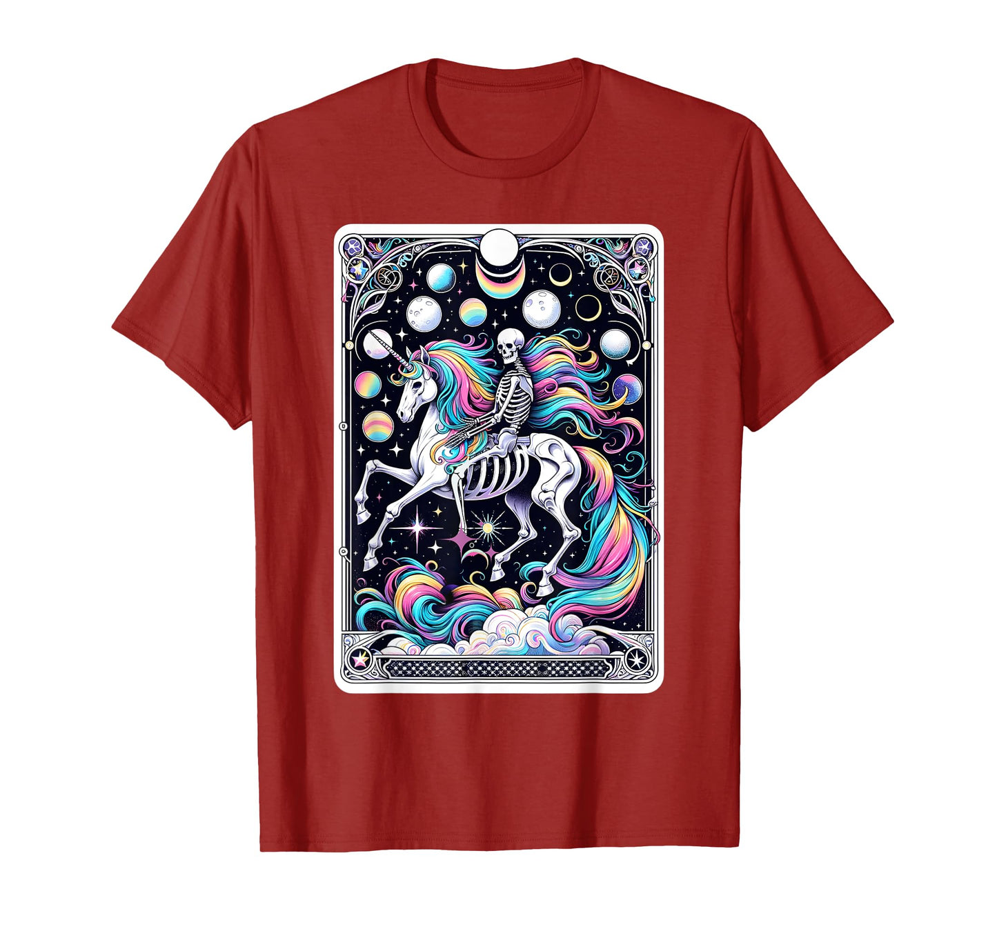 Skeleton Riding Unicorn Tarot Card Celestial Fantasy Art T-Shirt