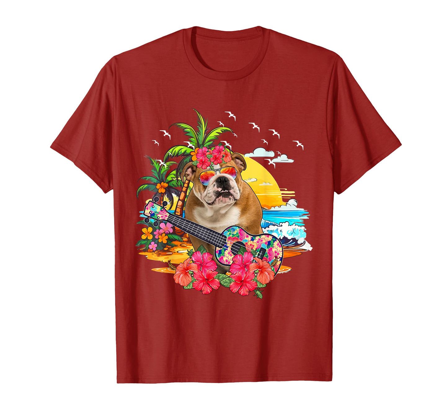 Hawaiian Floral Bulldog Sunglasses Playing Guitar On Beach T-Shirt