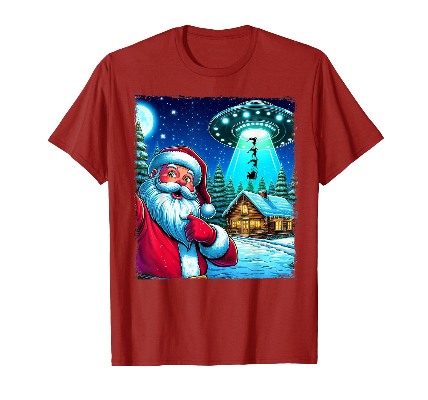 Santa Claus Shocked UFO Alien Reindeer Abduction Selfie Xmas T-Shirt