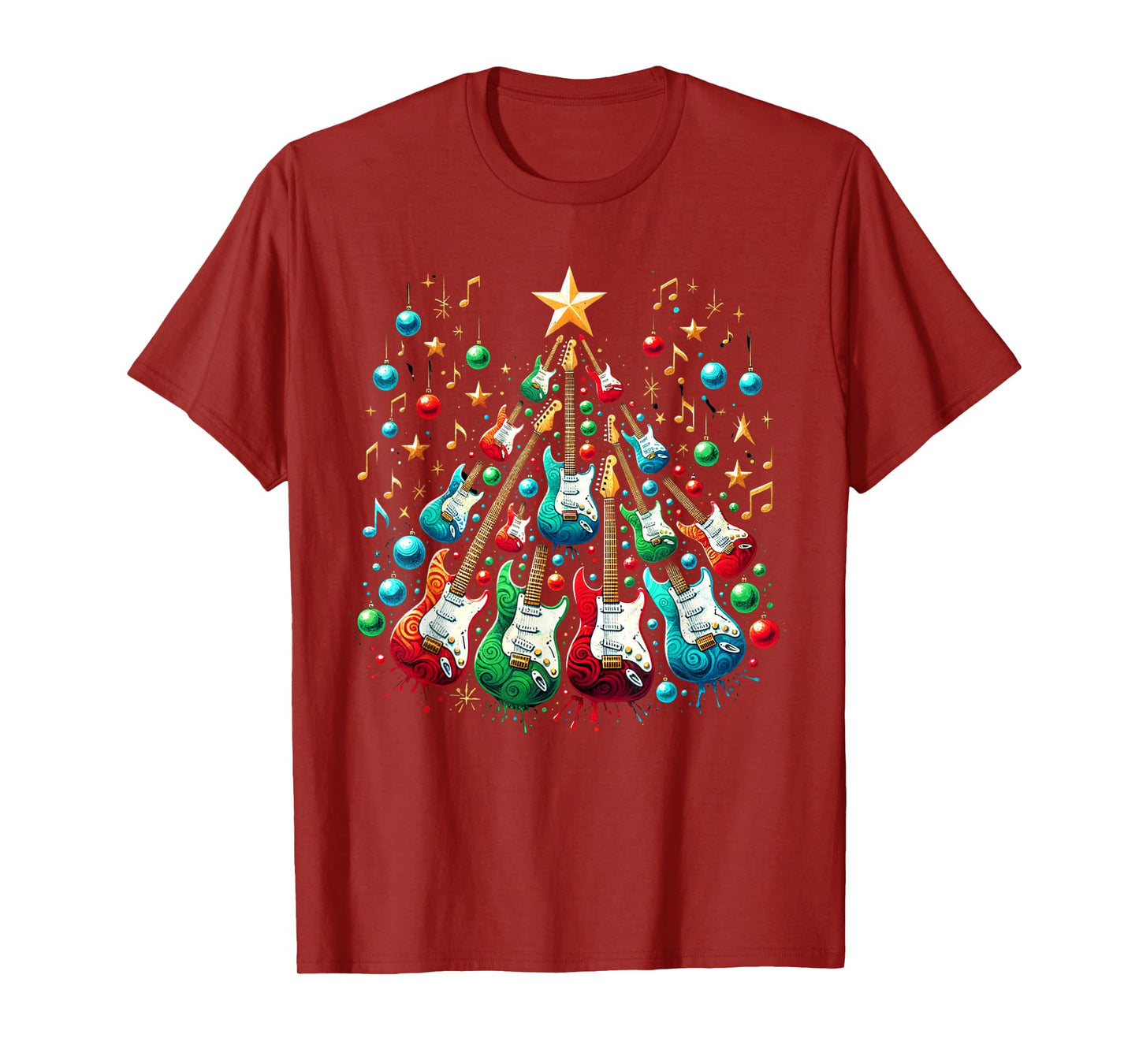 Funny Guitar Santa Hat Christmas Tree Guitar Music Lovers T-Shirt