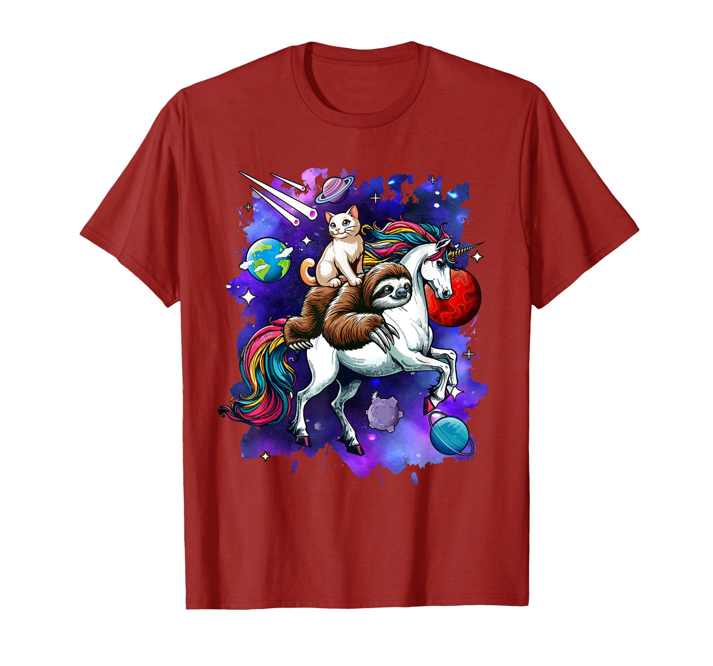 Cat And Sloth Riding Unicorn In Space Costume Galaxy T-Shirt for Men Women Kids