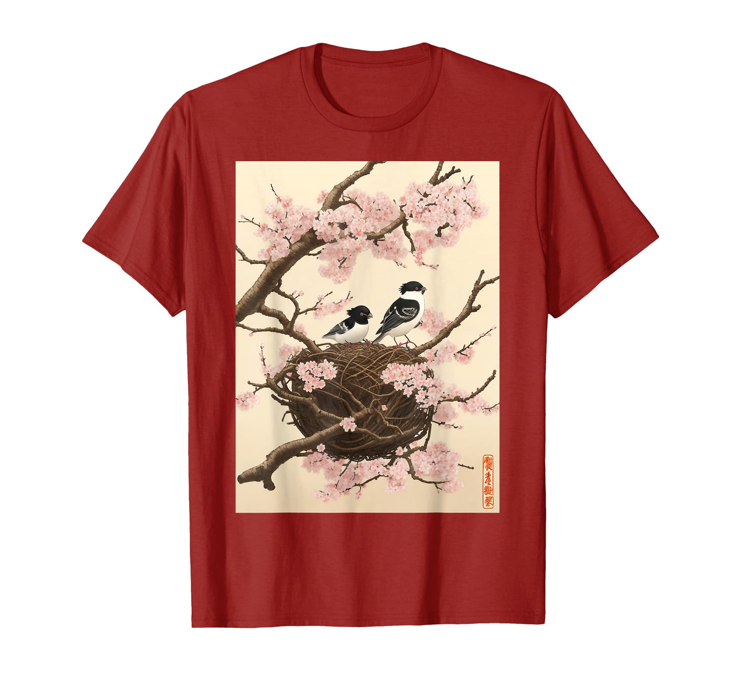 Retro Graphic Japanese Art Birds on Cherry Blossom Woodblock T-Shirt