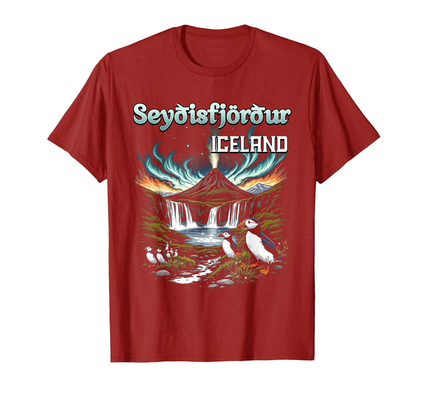 Seyðisfjörður Iceland Souvenir Icelandic Volcano Puffins T-Shirt