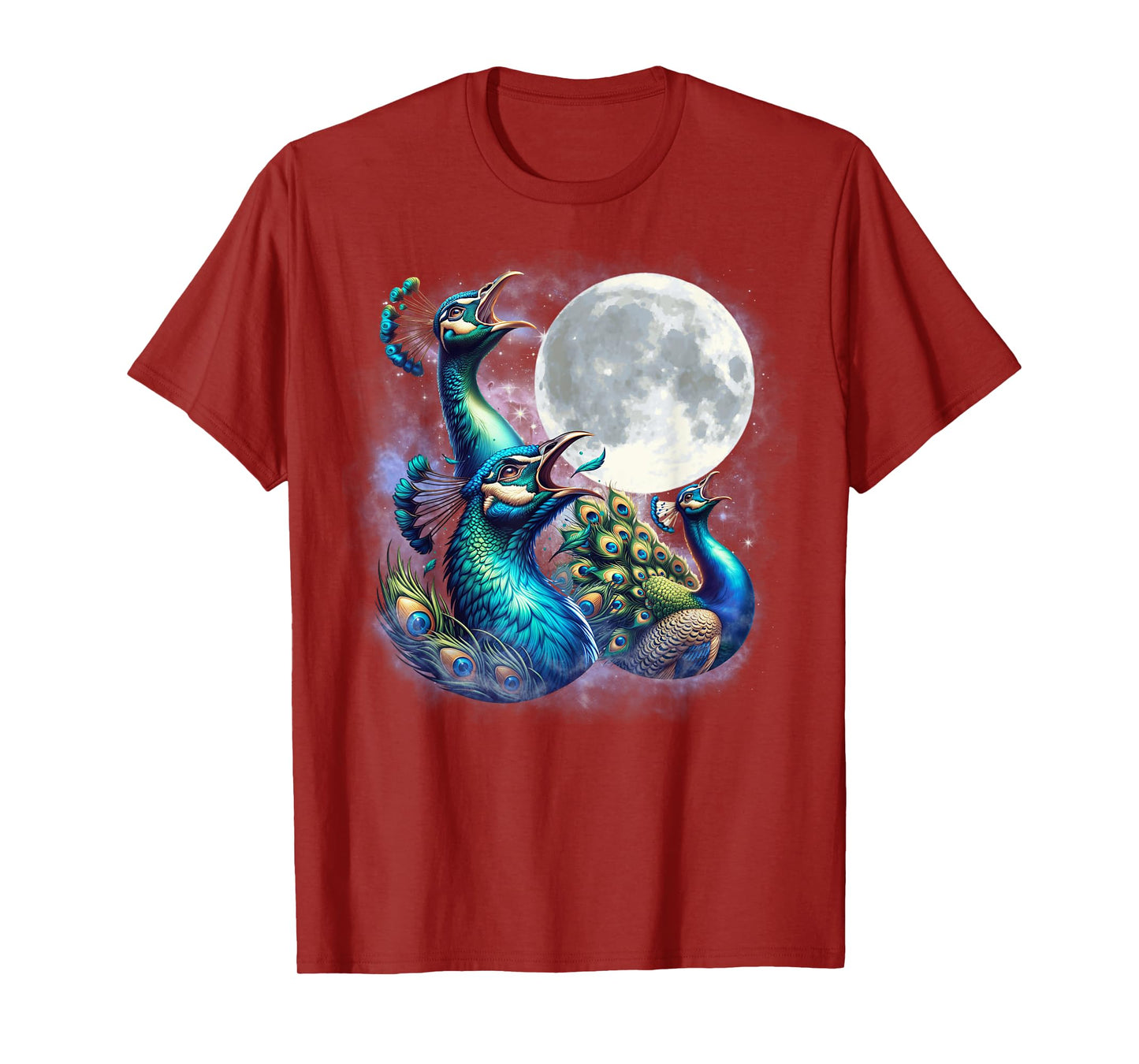 Three Peacocks Moon Funny Peacock Howling Wolfs Moon Parody T-Shirt
