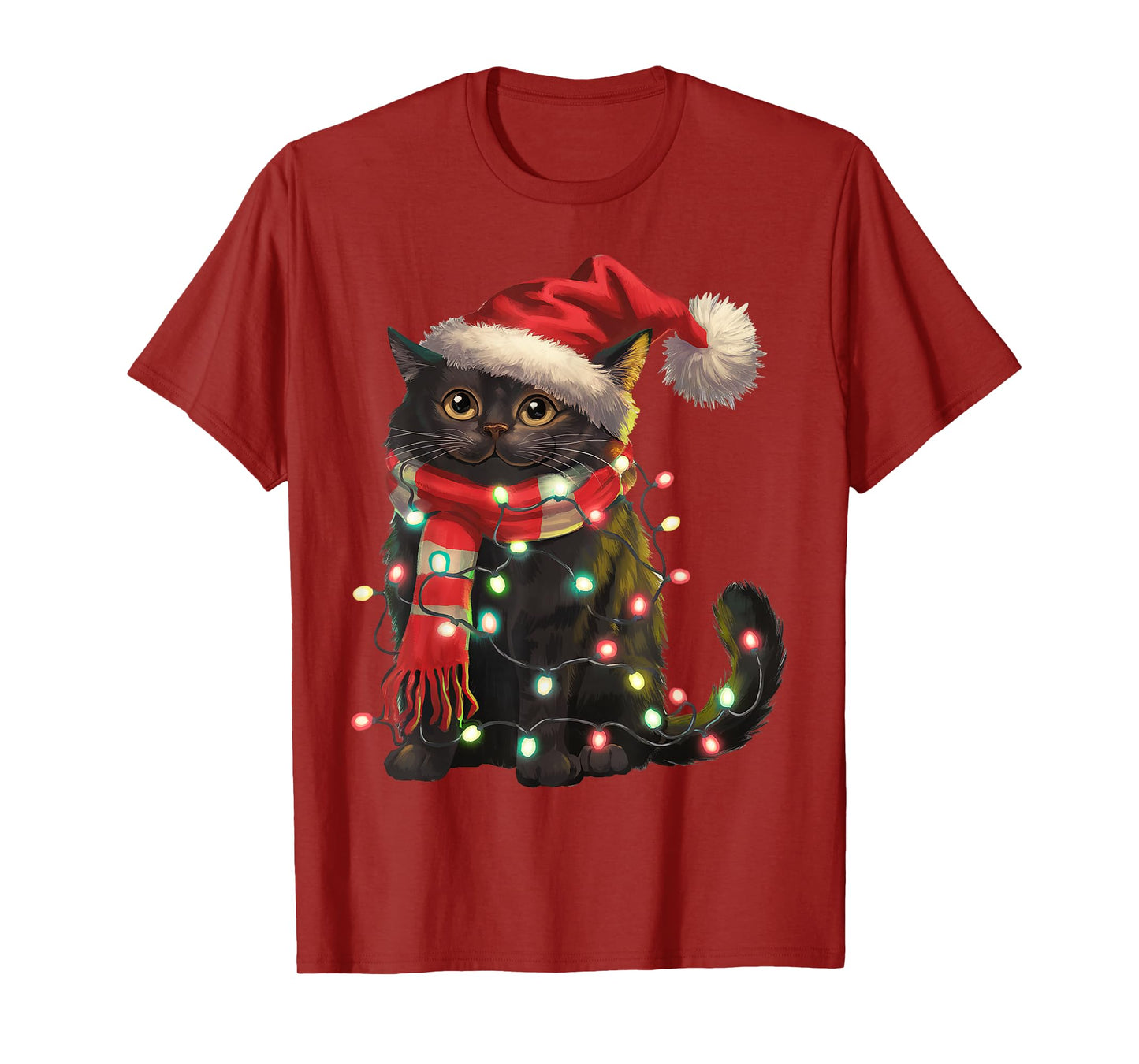 Black Cat Christmas Lights Santa Hat Christmas Cat Lover T-Shirt for Men Women Kids