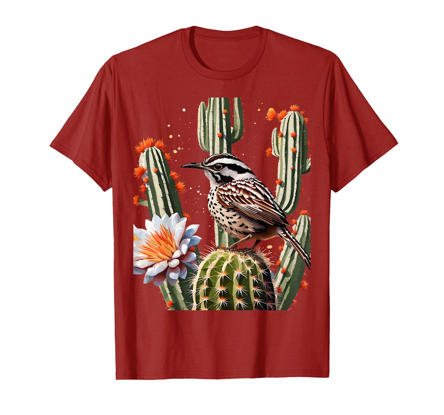 Arizona Cactus Wren Surrounded By Saguaro Cactus Blossom T-Shirt