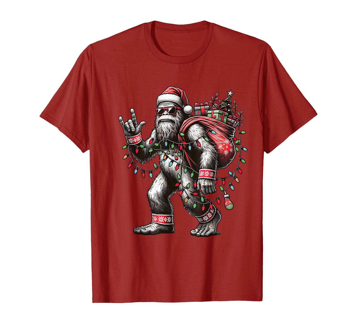 Funny Bigfoot Christmas Santa Sasquatch with Lights T-Shirt