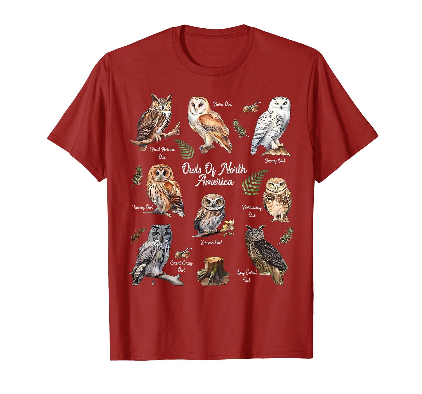 Owl Types North American Bird Of Prey Forest Bird Watcher T-Shirt
