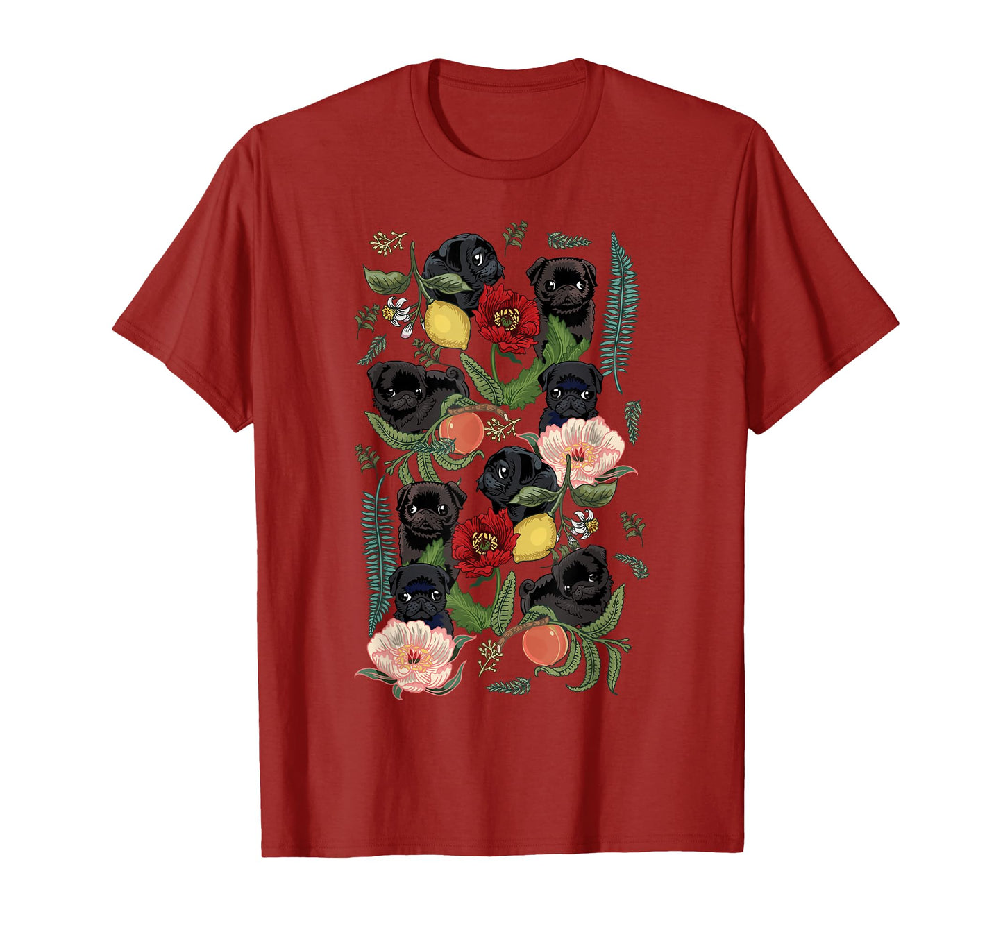 Botanical and Black Pug T- shirt by Huebucket T-Shirt