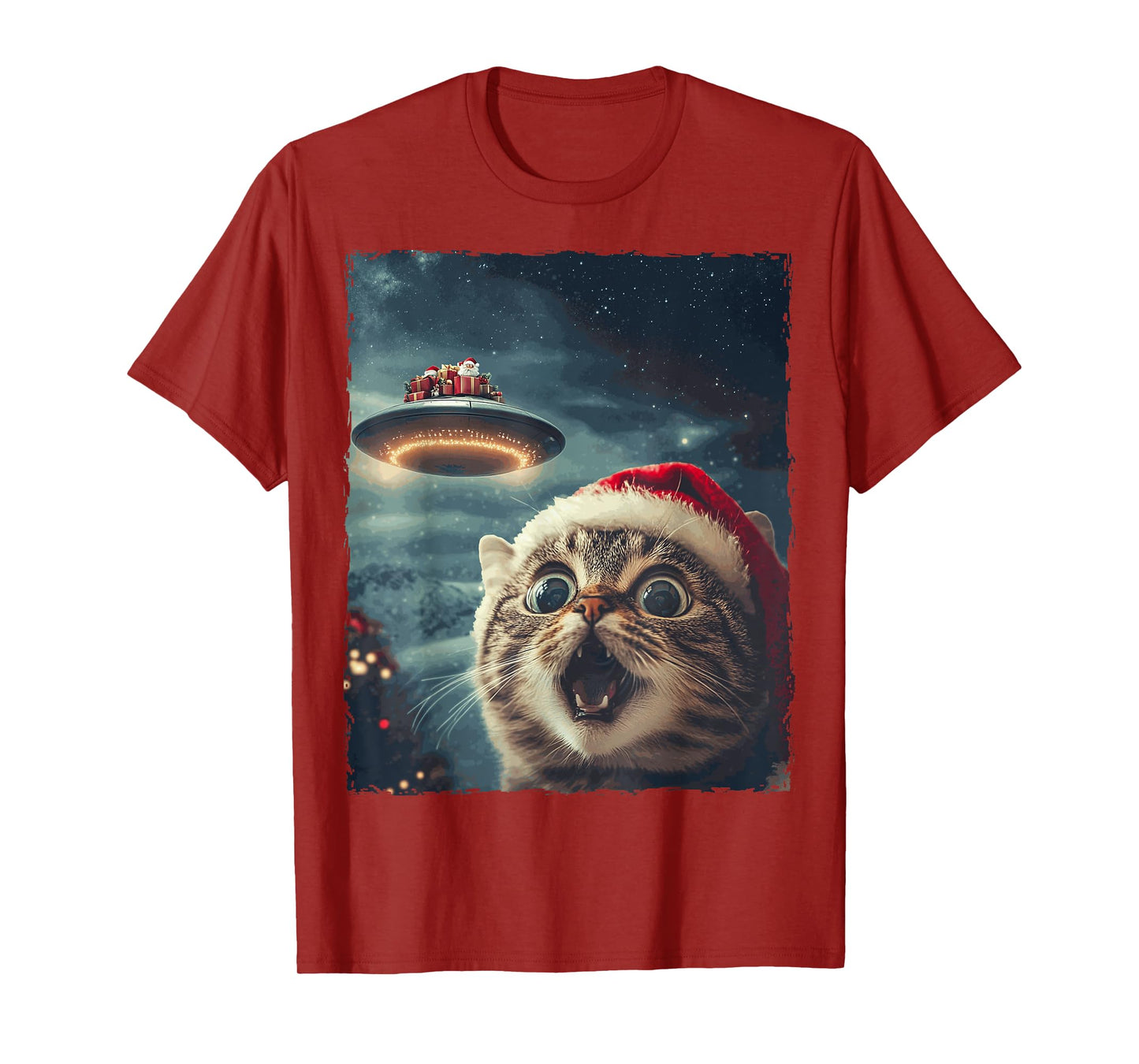 Funny Cat Selfie Santa Ufo Xmas Christmas T-Shirt