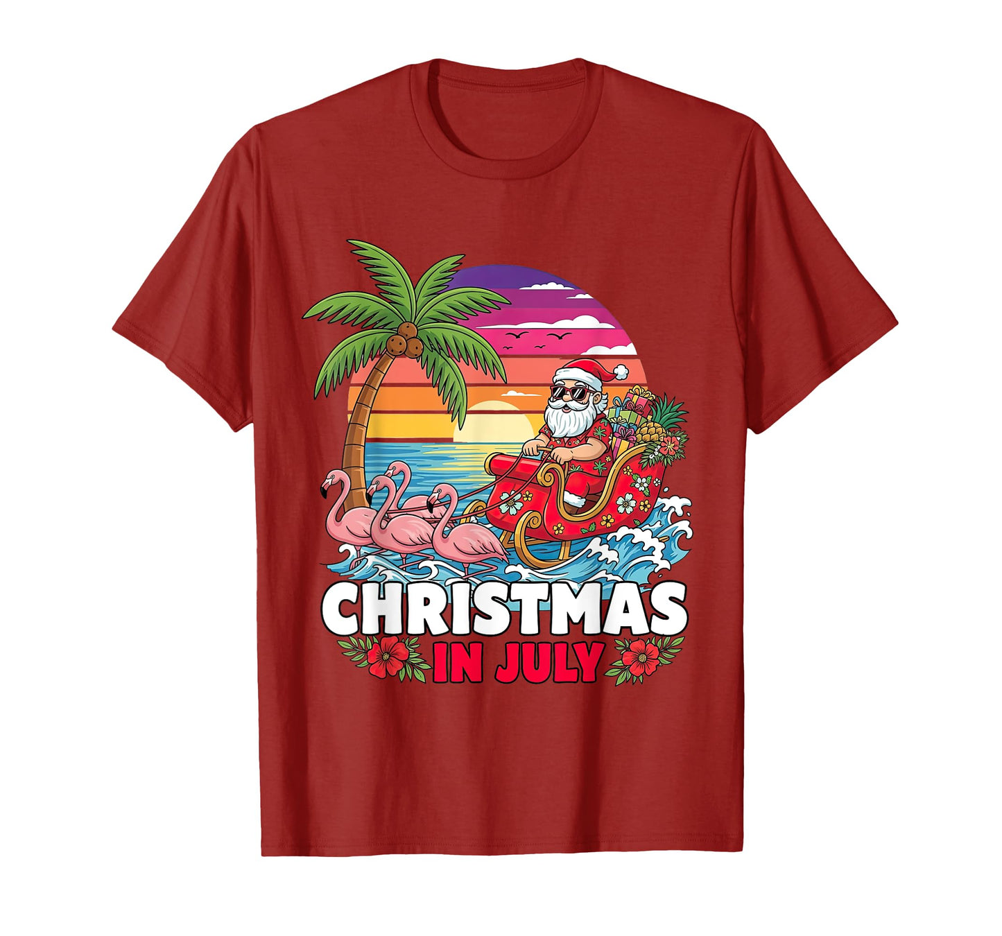 Xmas in July Santa Beach Trip Tropical Summer Vibes Palm T-Shirt
