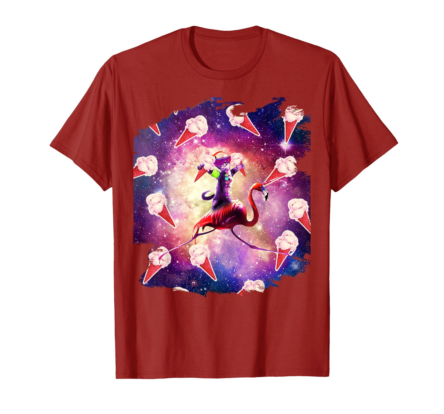 Rave Space Cat On Flamingo Unicorn - Ice Cream T-Shirt for Men Women Kids