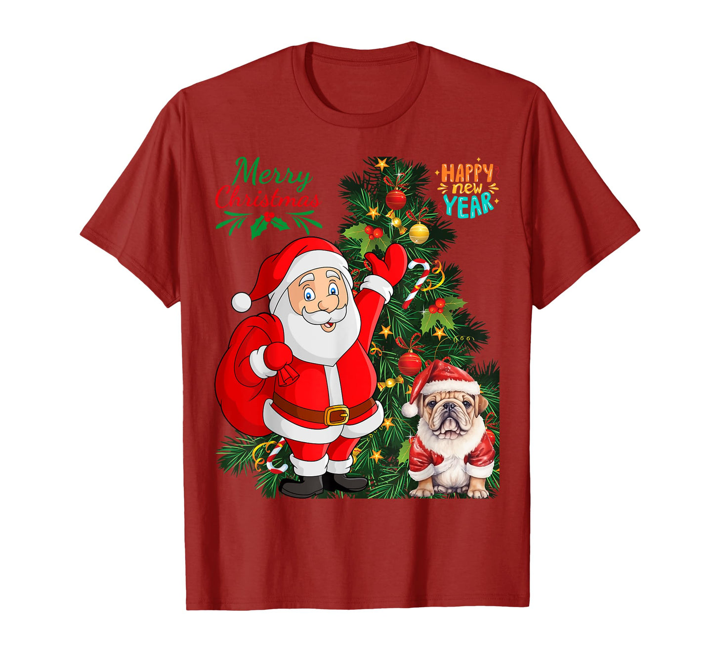 Merry Christmas Happy New Year Santa Claus English Bulldog Men Women Kids T-Shirt