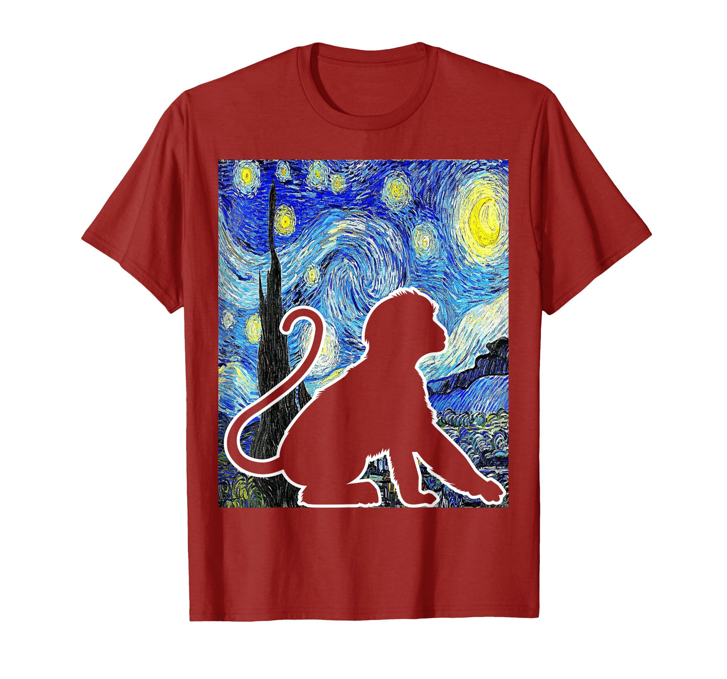 Funny Monkey Van Gogh Famous Painting Monkey Starry Night Monkey Lover T-Shirt - Black, Unisex-Adults & Kids, Short Sleeve, Classic Fit, Crew Neck, Small