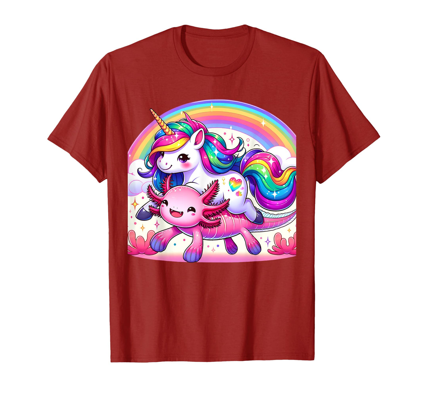 Unicorn Riding Axolotl Kawaii Kids Girls Boys Men Rainbow T-Shirt
