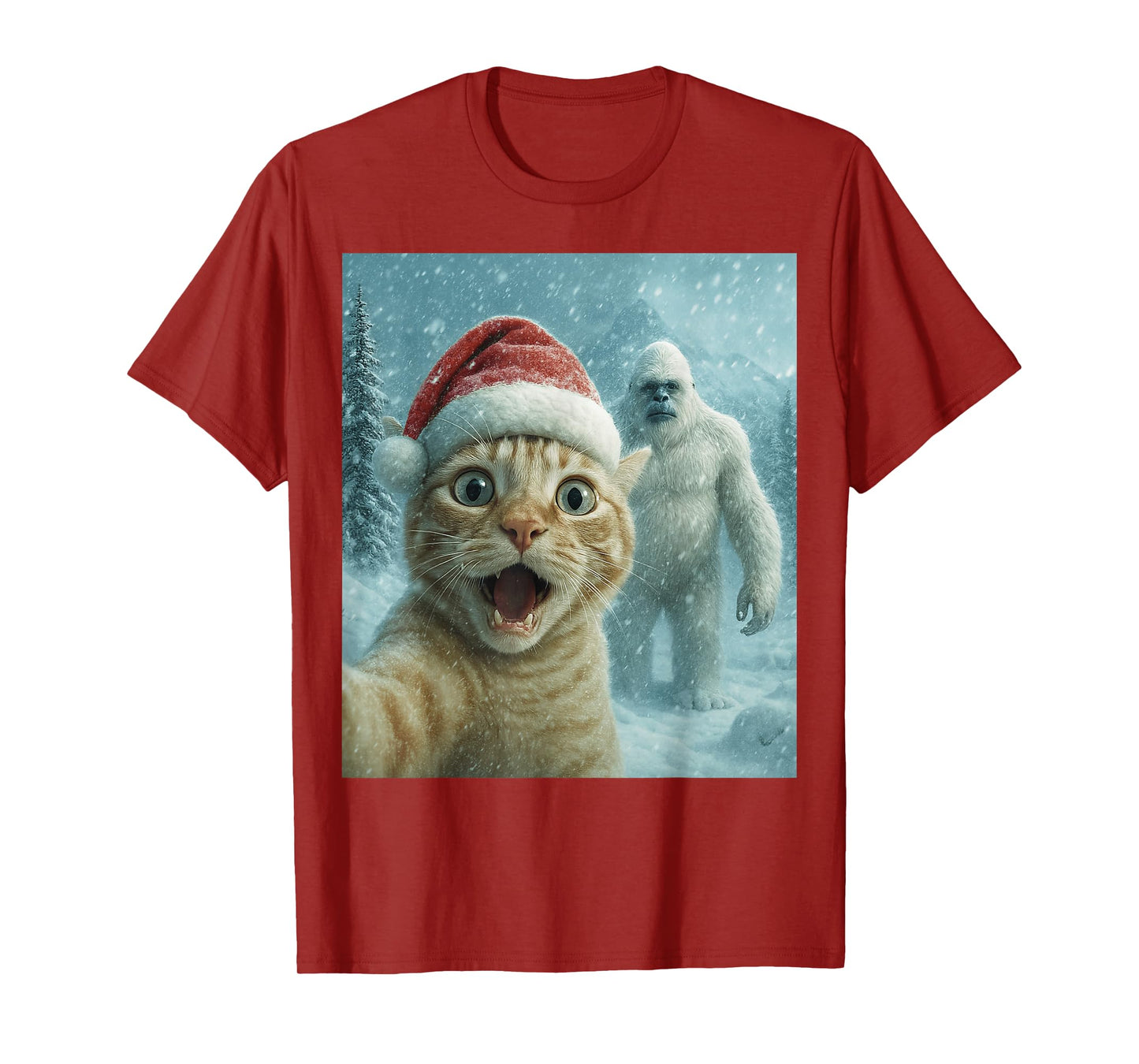Funny Cat Santa Hat Yeti Christmas Snow Meme Cool Selfie T-Shirt